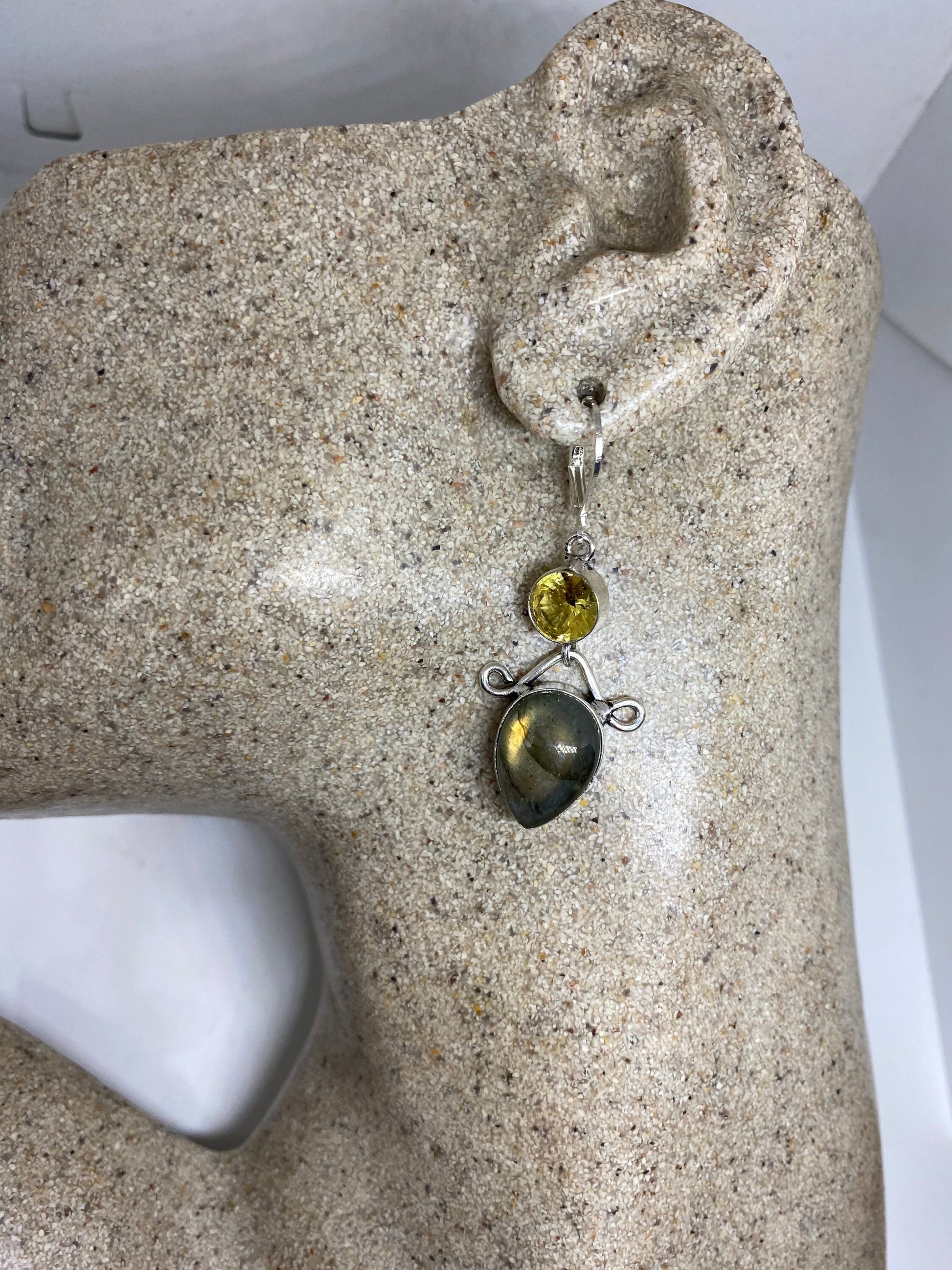 Vintage Labradorite Citrine Silver Dangle Lever Back Earrings