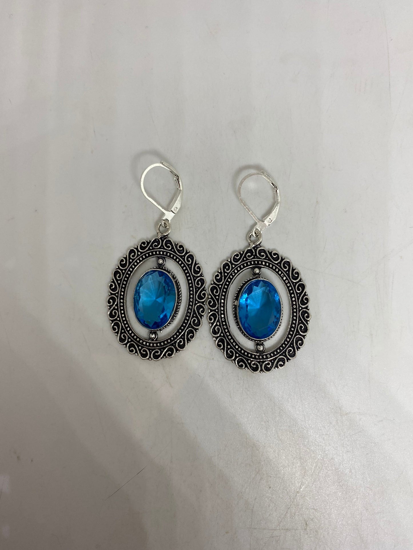 Vintage Genuine Blue Topaz Gemstone 925 Sterling Silver Lever Back Earrings