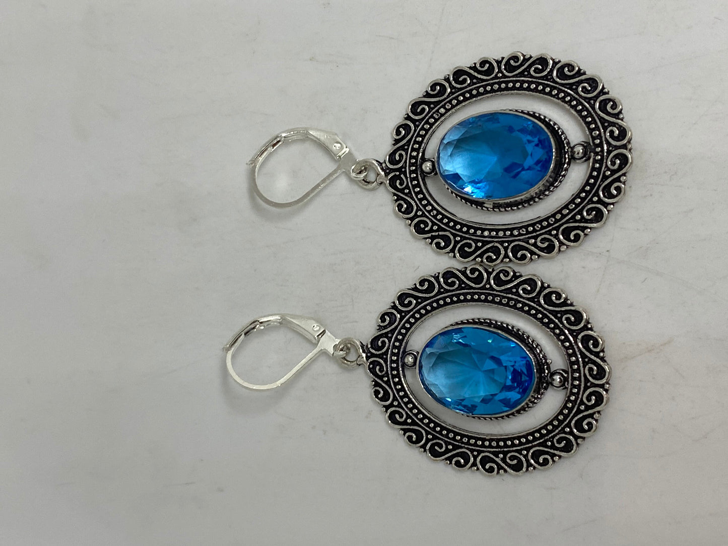 Vintage Genuine Blue Topaz Gemstone 925 Sterling Silver Lever Back Earrings