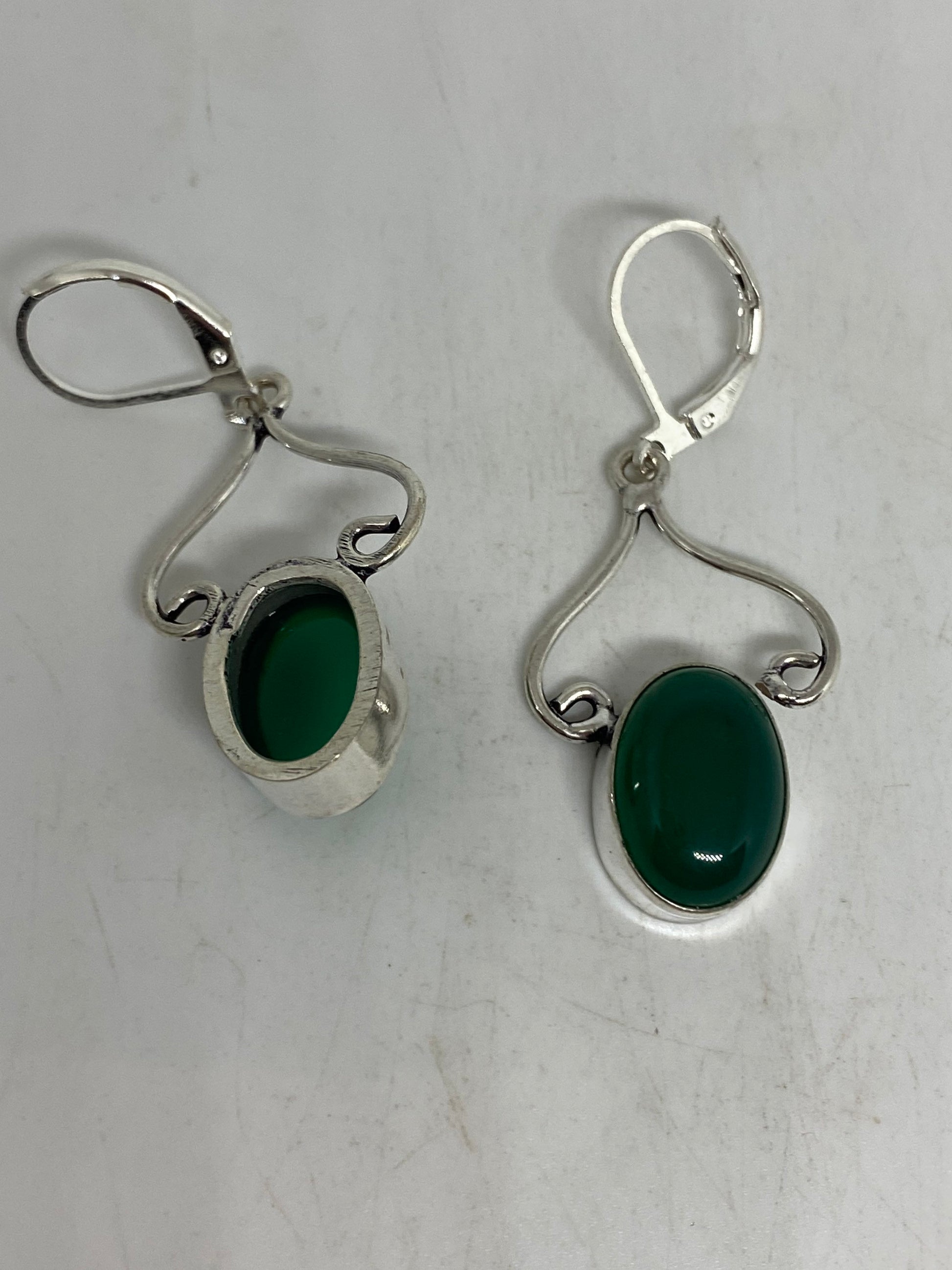 Antique Vintage Green Chrysoprase Silver Dangle Earrings