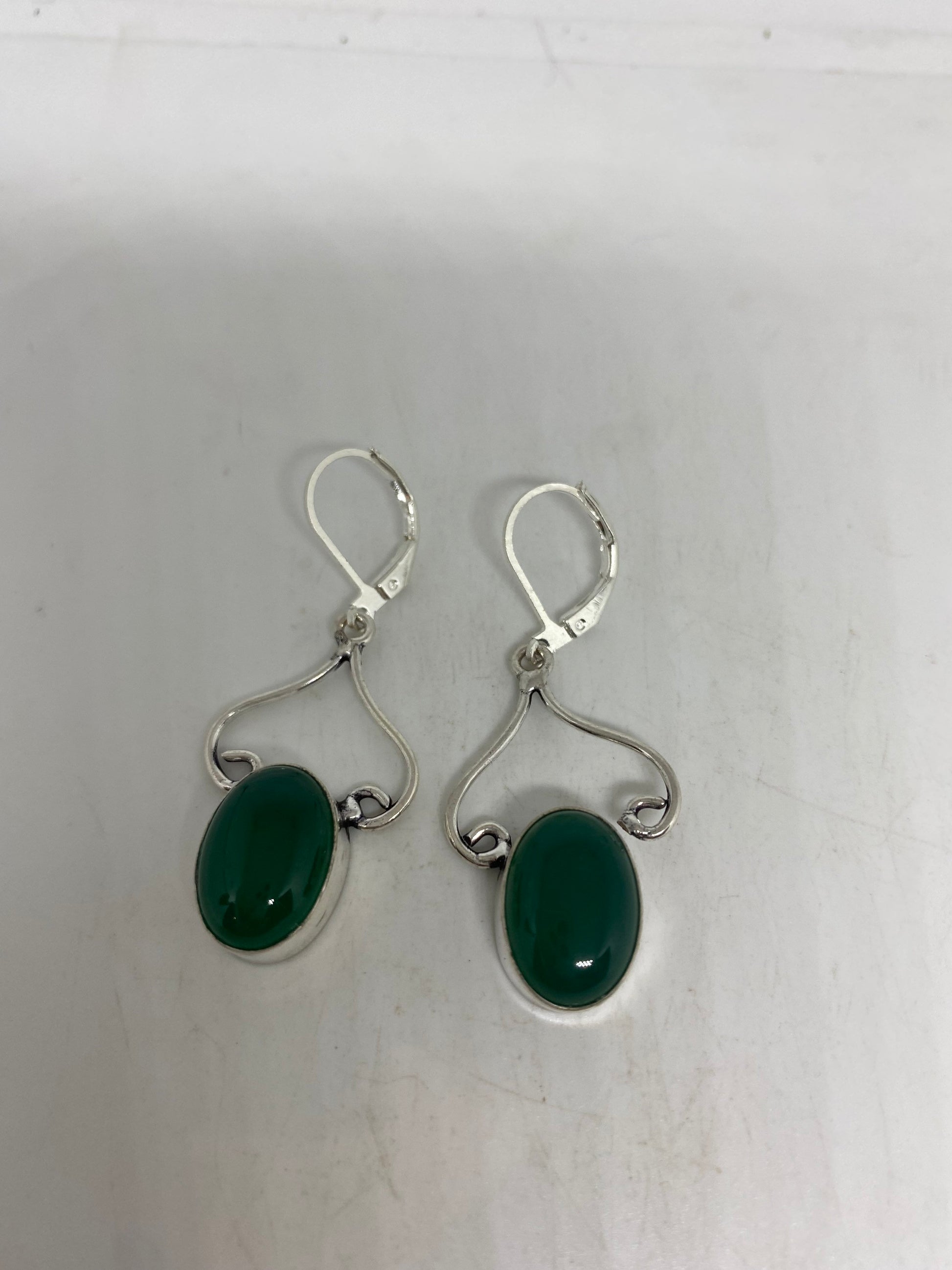 Antique Vintage Green Chrysoprase Silver Dangle Earrings