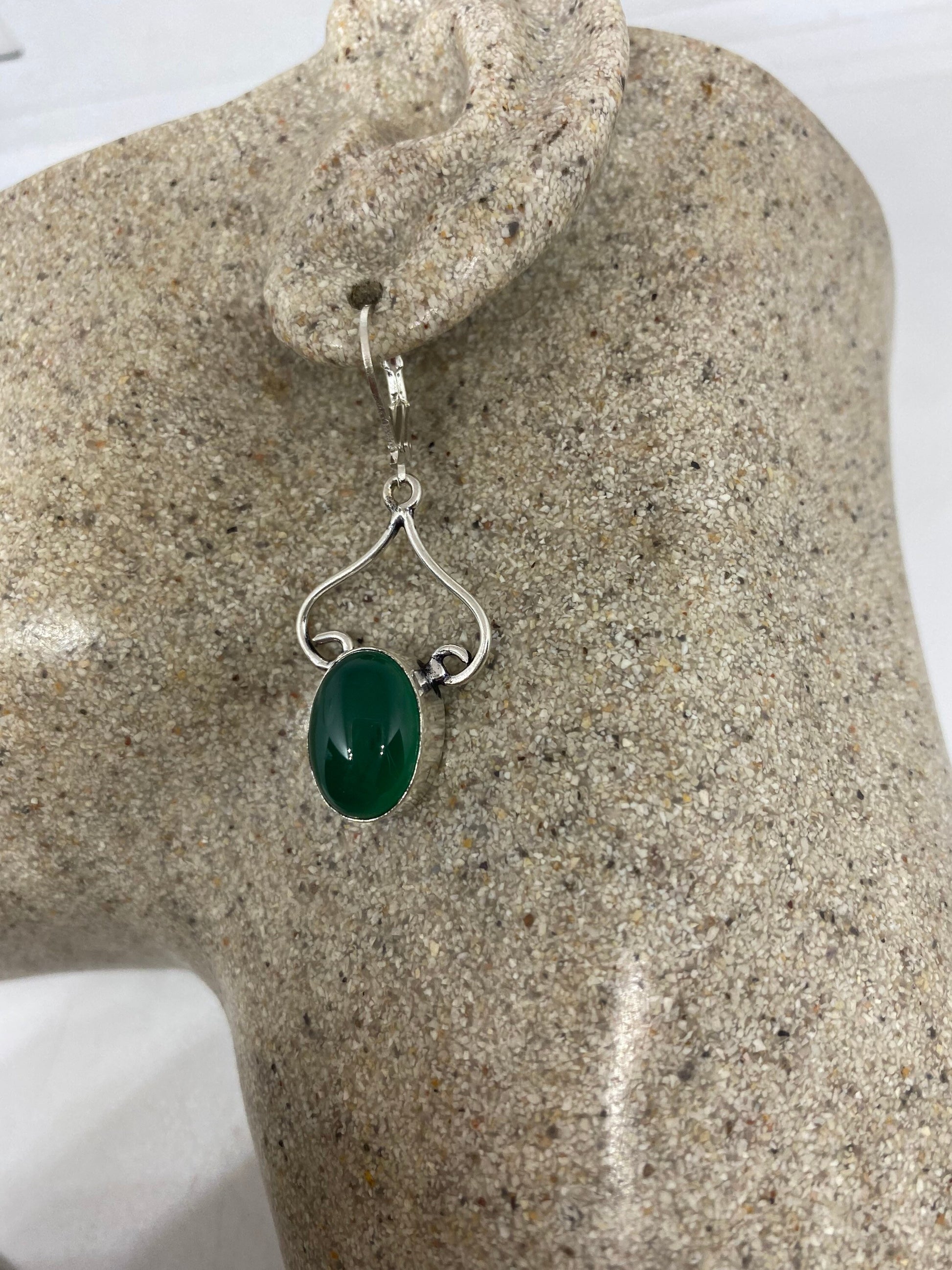 Antique Vintage Green Chrysoprase Silver Dangle Earrings