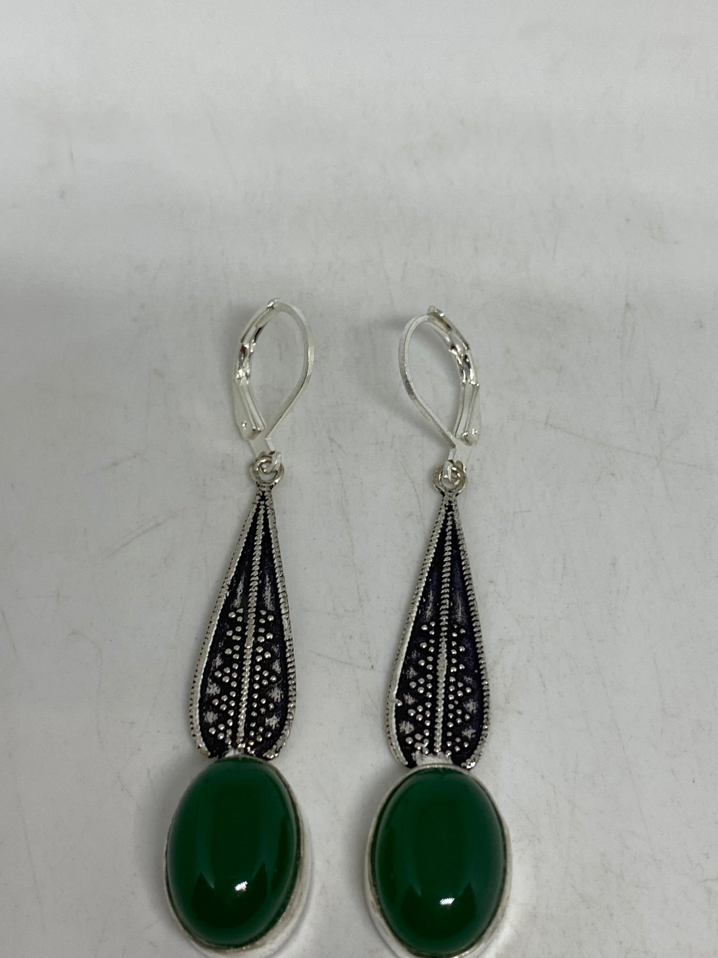 Antique Vintage Green Chrysoprase Silver Dangle Earrings