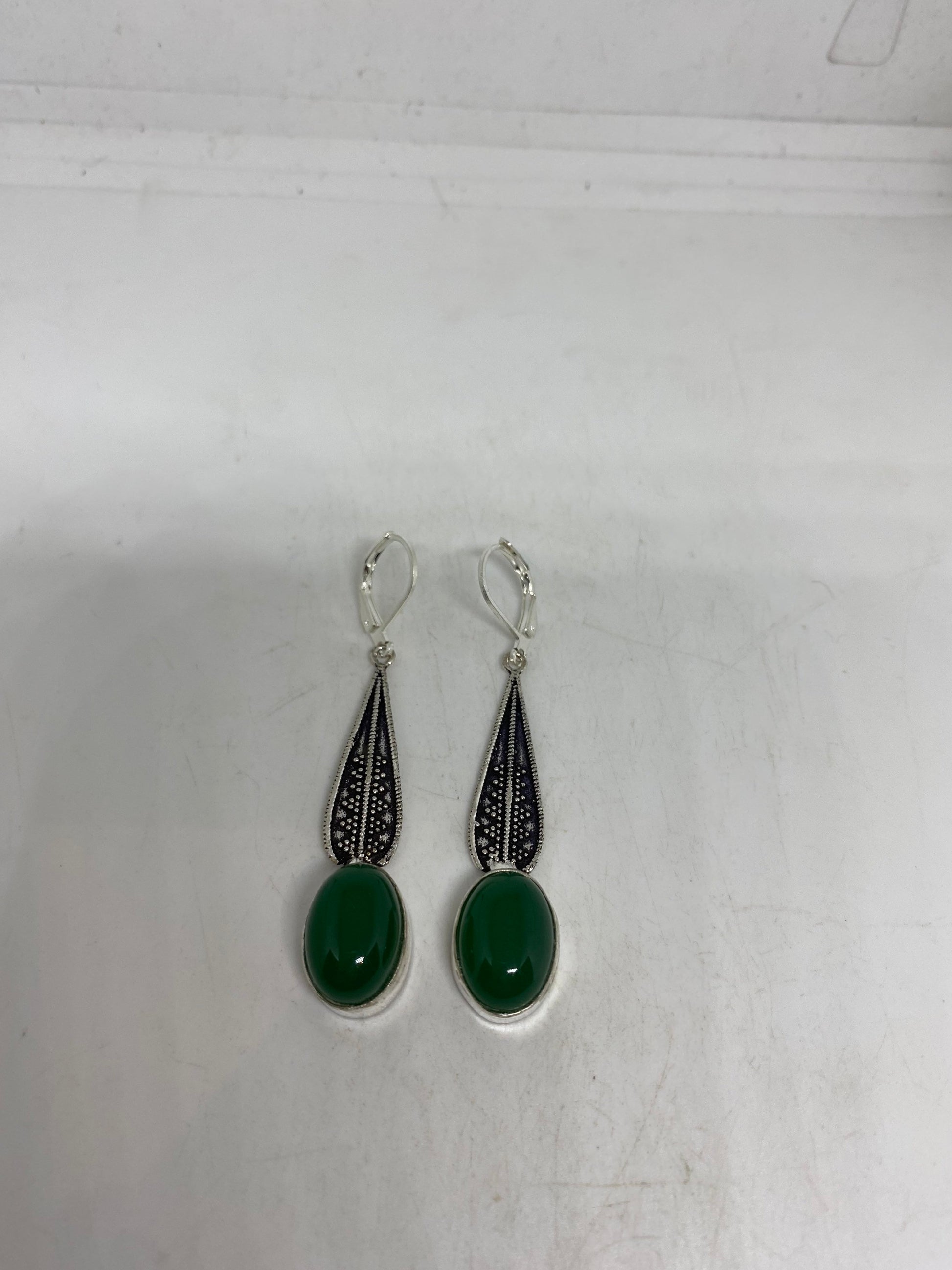 Antique Vintage Green Chrysoprase Silver Dangle Earrings