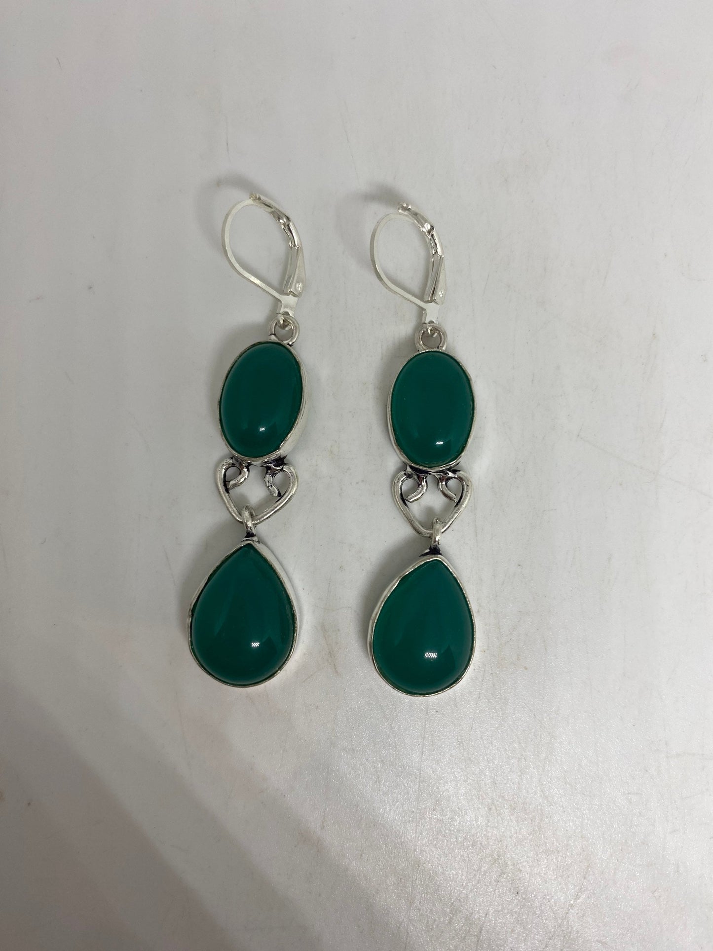 Antique Vintage Green Chrysoprase Silver Dangle Earrings