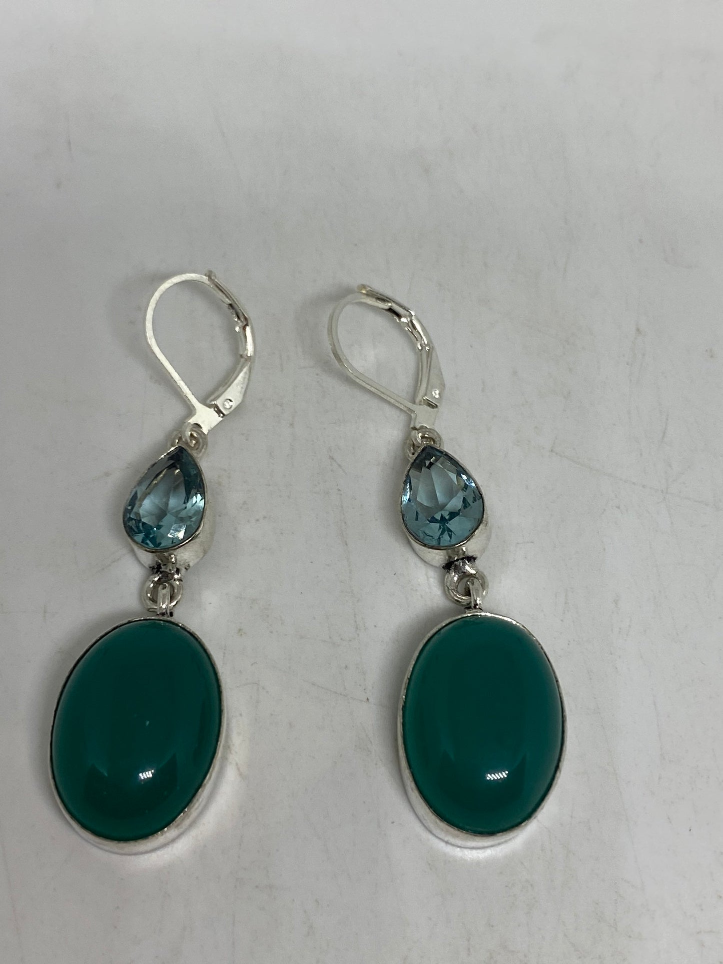 Antique Vintage Green Chrysoprase Silver Dangle Earrings