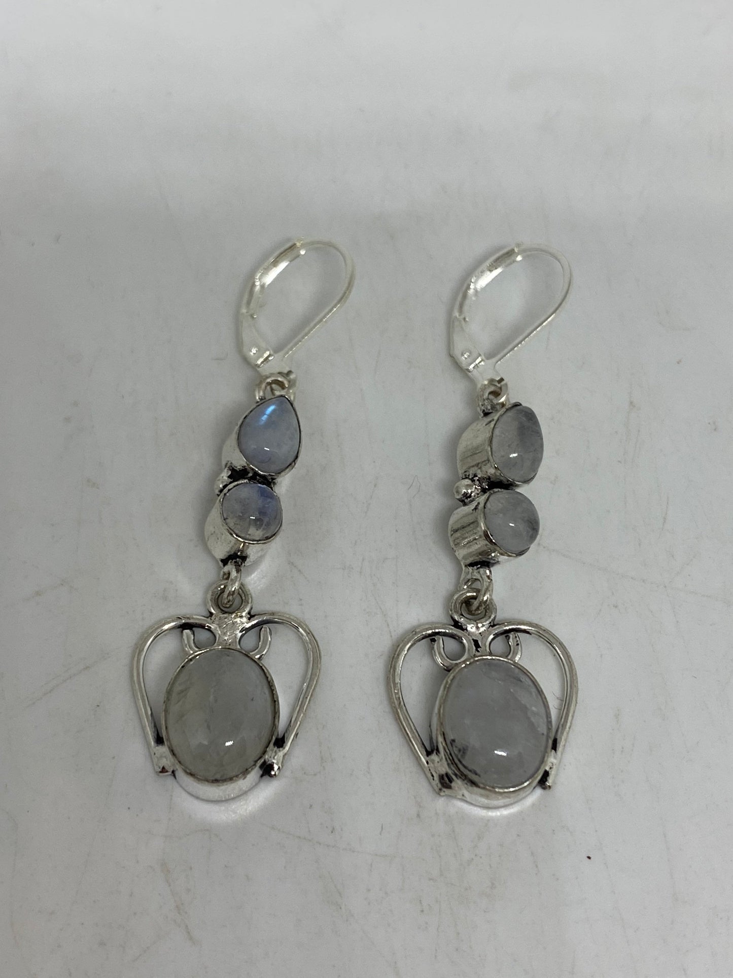 Vintage Rainbow Moonstone Sterling Silver Lever Back Dangle Earrings