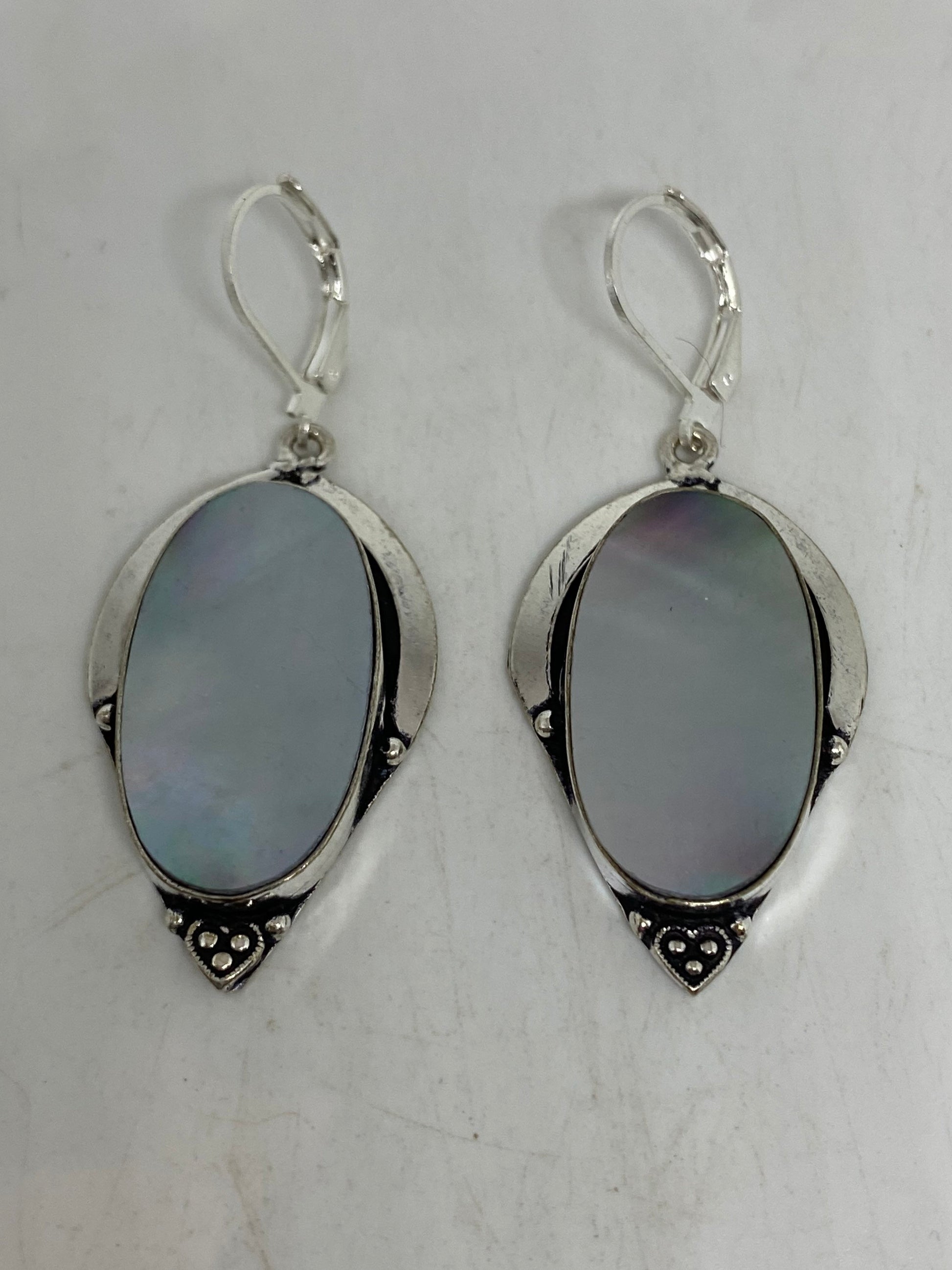 Antique Vintage Mother of Pearl Silver HEart Dangle Earrings