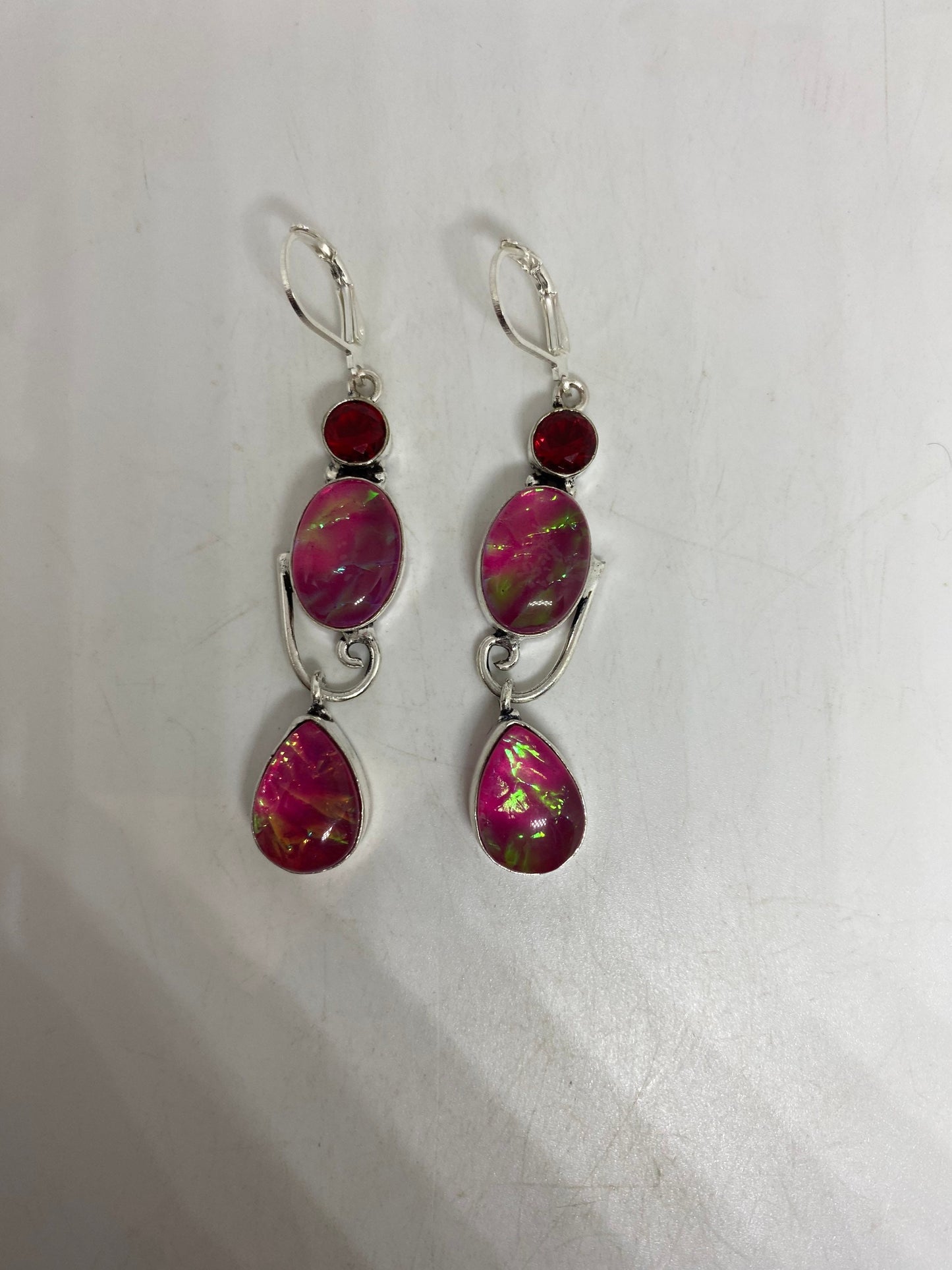 Antique Vintage Pink Butterfly wing Glass Silver Dangle Earrings