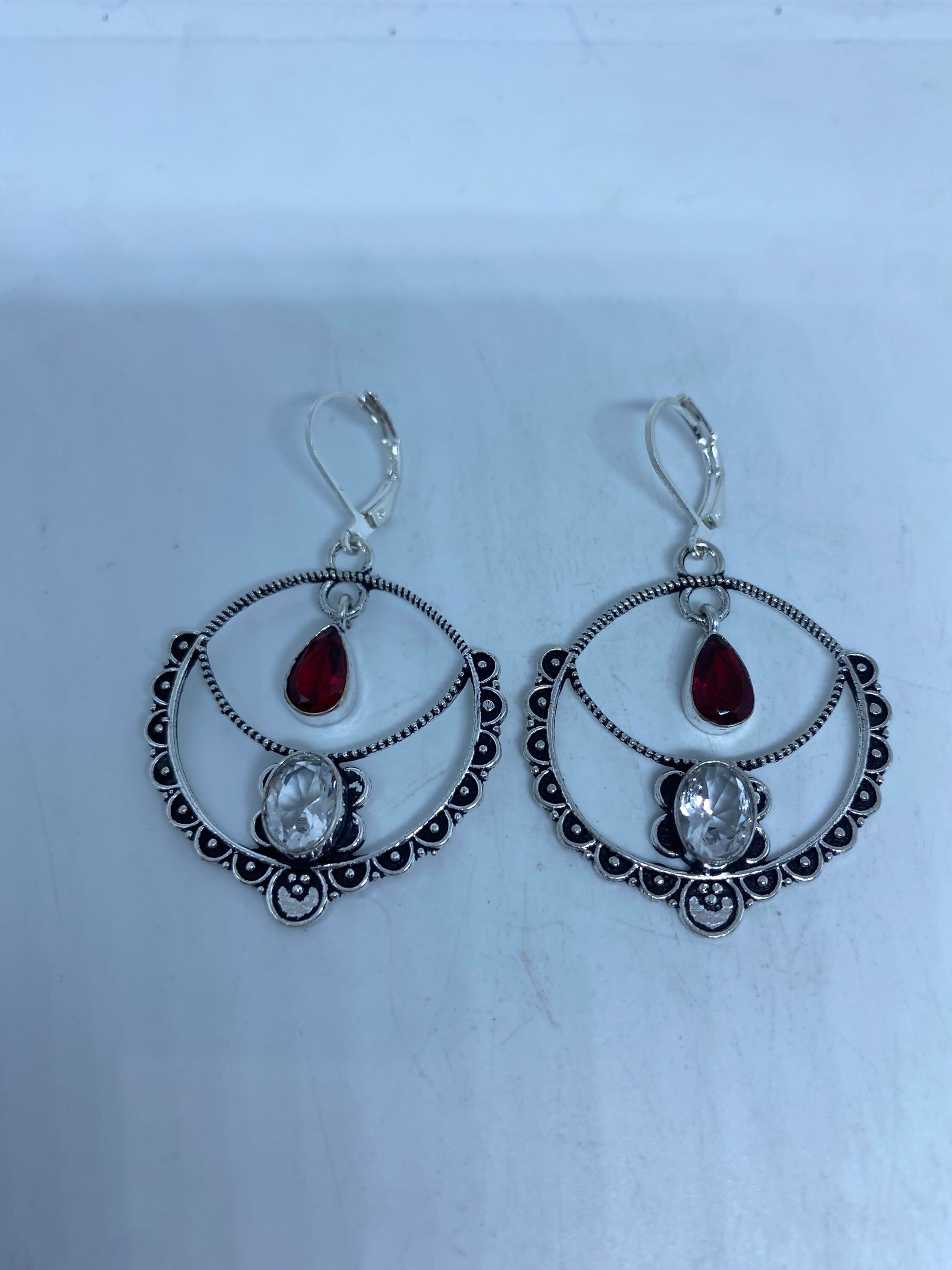 Vintage Red Garnet Clear Quartz Earrings 925 Sterling Silver