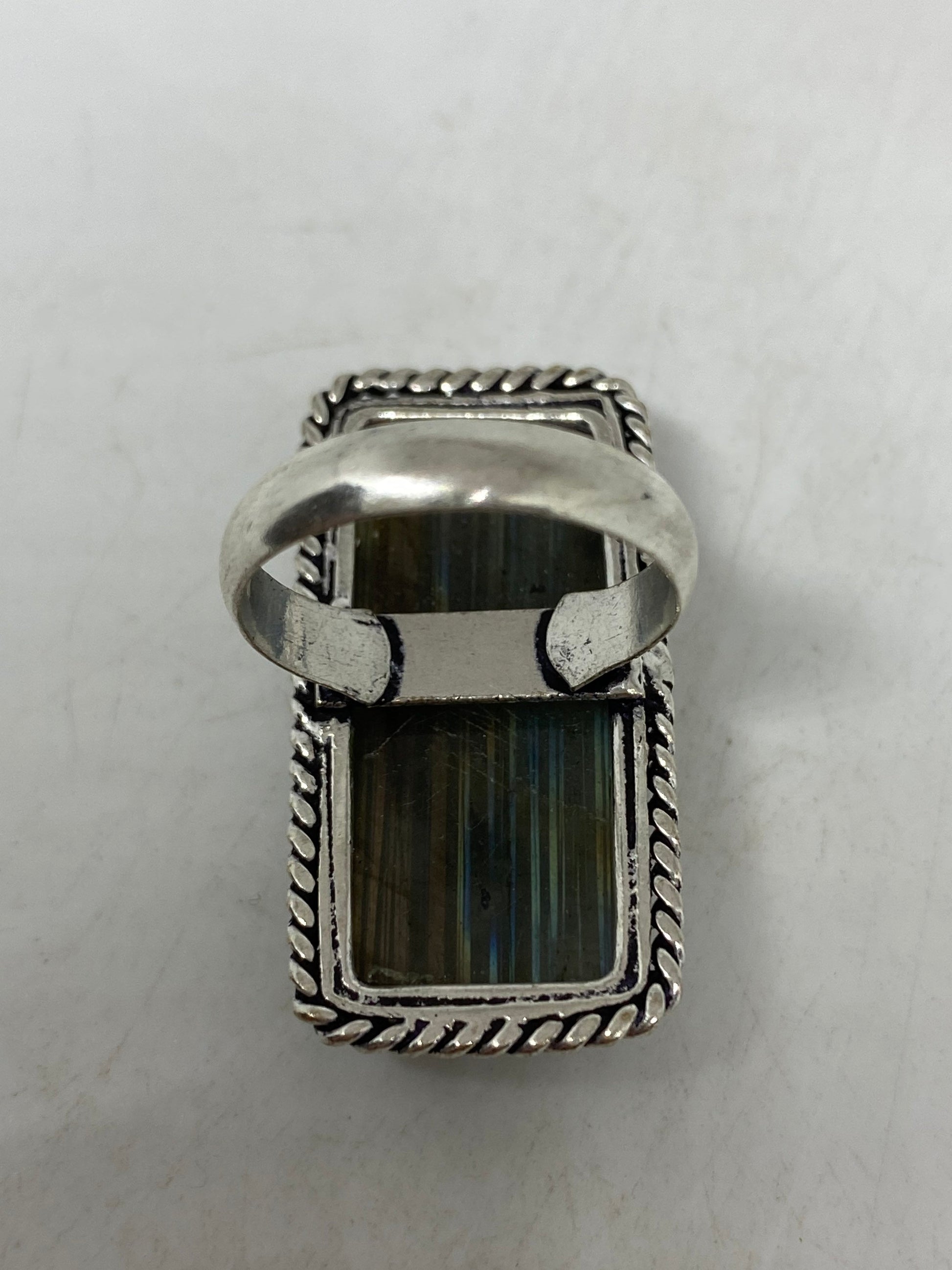 Vintage Large Blue Green Labradorite Stone Silver Ring