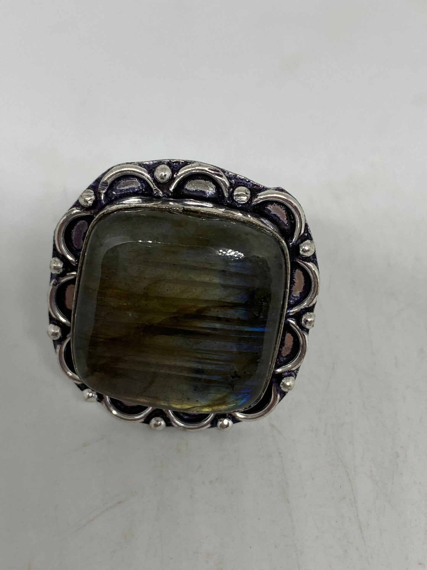 Vintage Large Blue Green Labradorite Stone Silver Ring