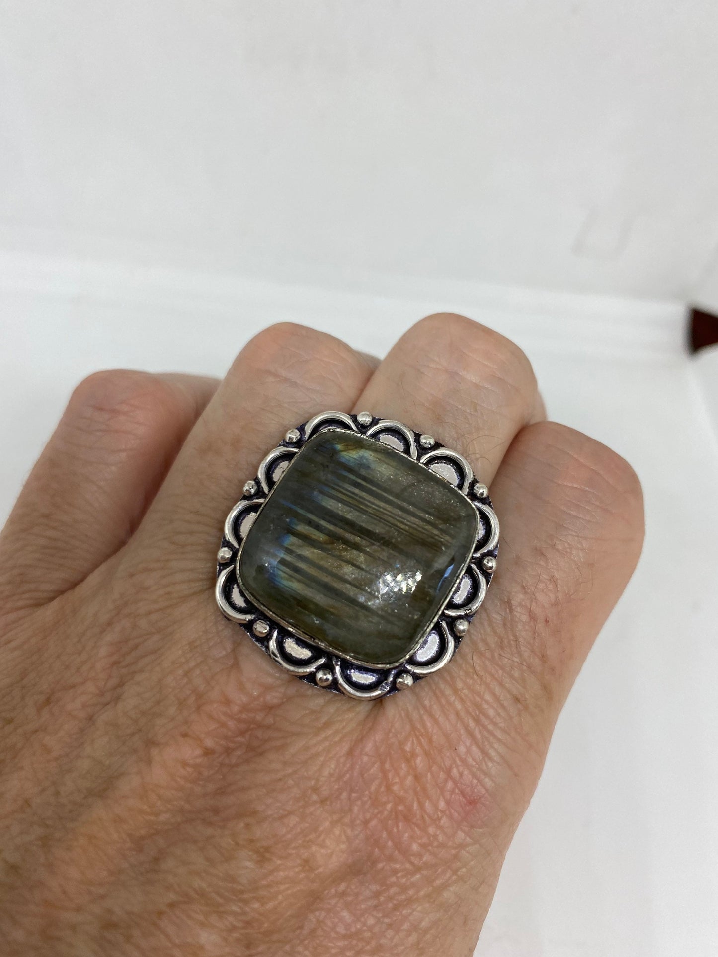 Vintage Large Blue Green Labradorite Stone Silver Ring