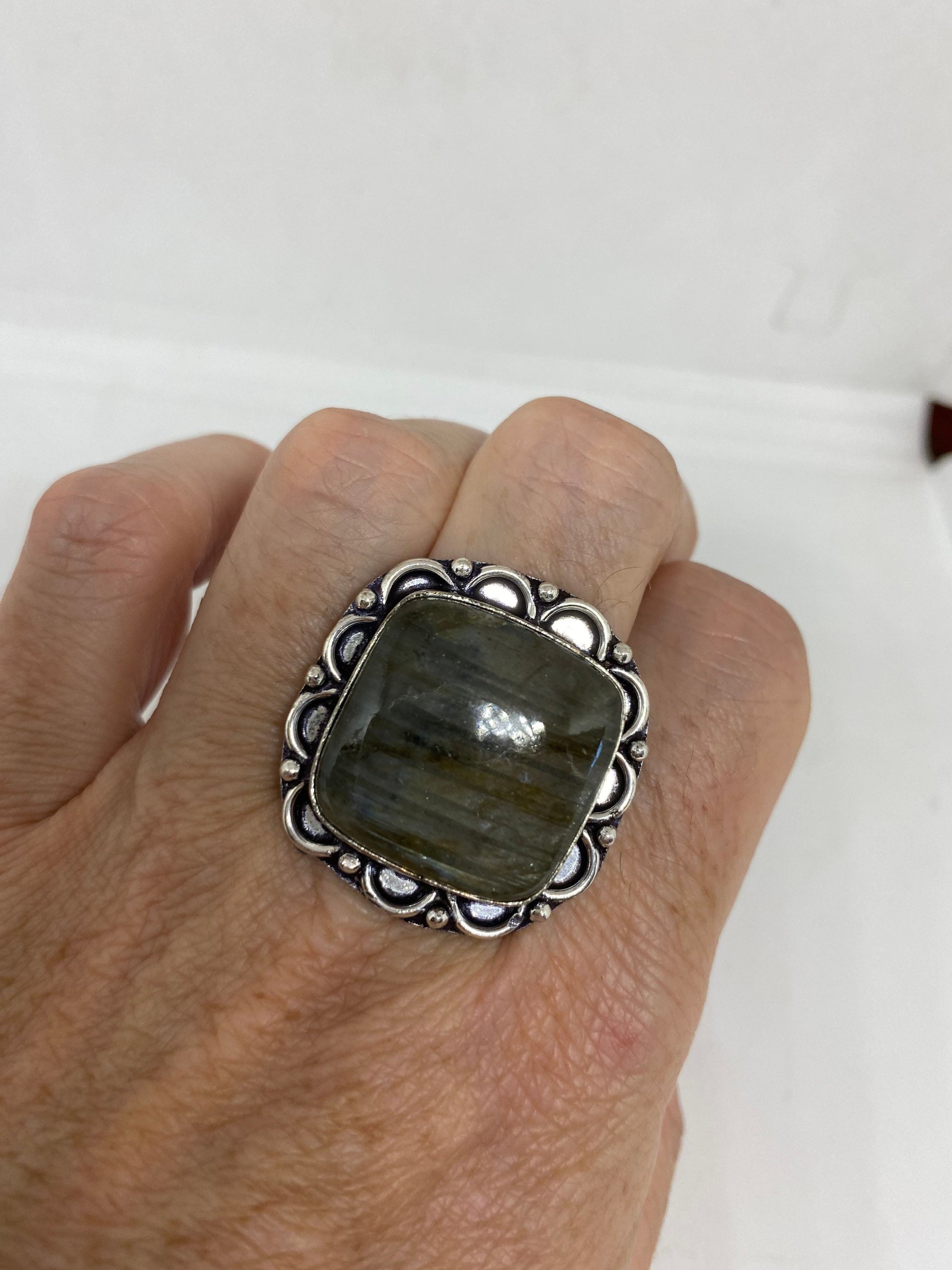 Vintage Large Blue Green Labradorite Stone Silver Ring