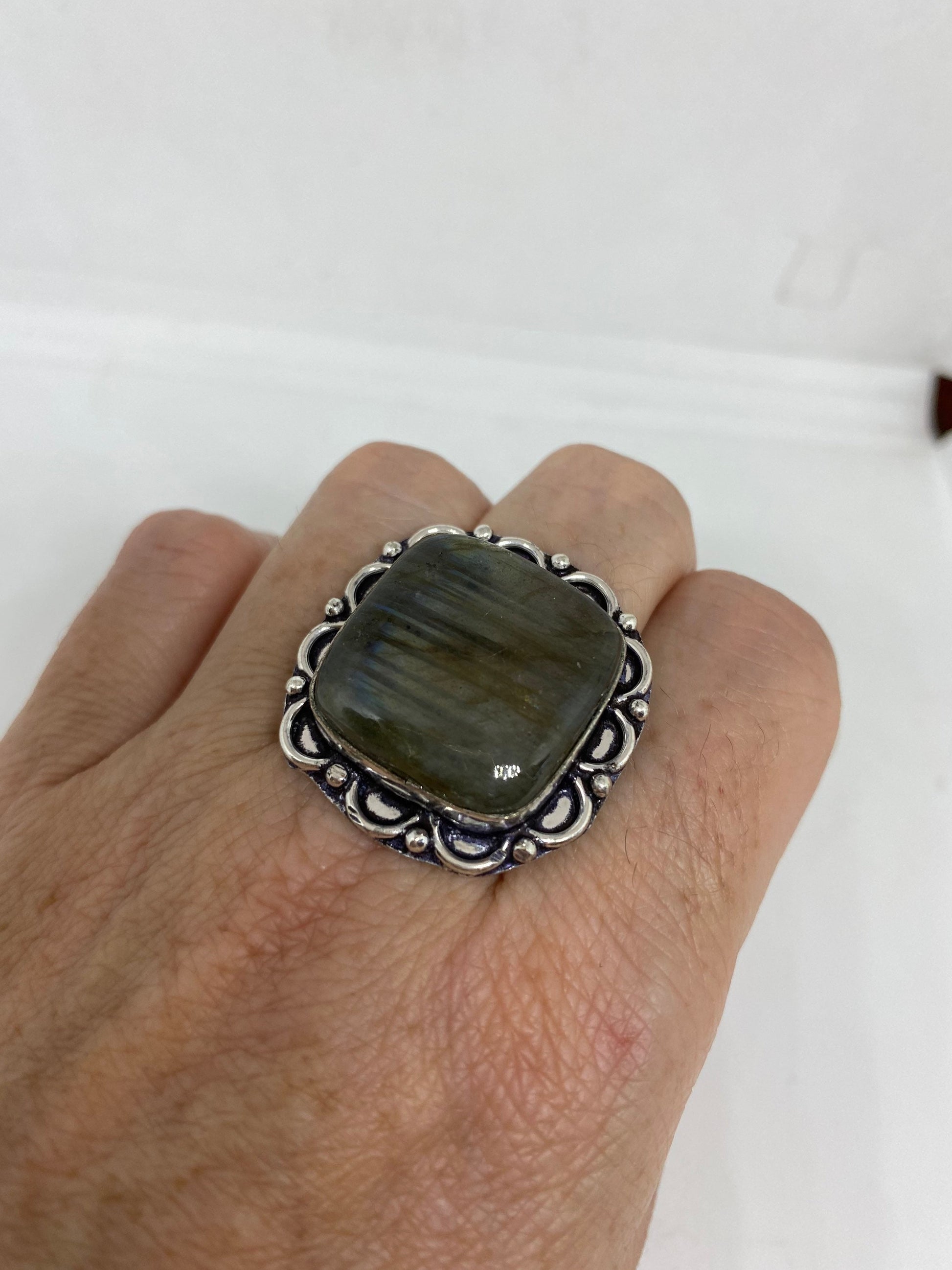 Vintage Large Blue Green Labradorite Stone Silver Ring