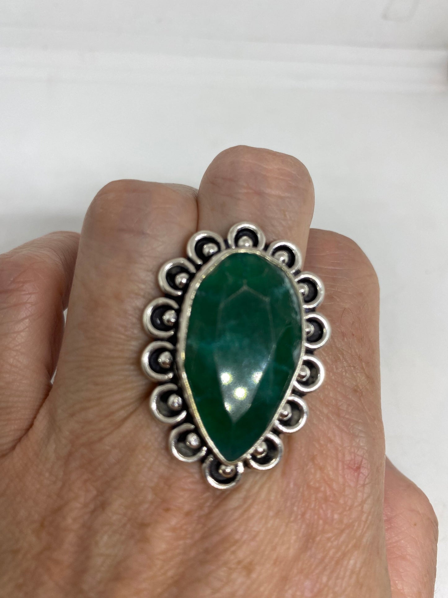 Vintage Green Raw Emerald Silver Bronze Statement Boho Ring