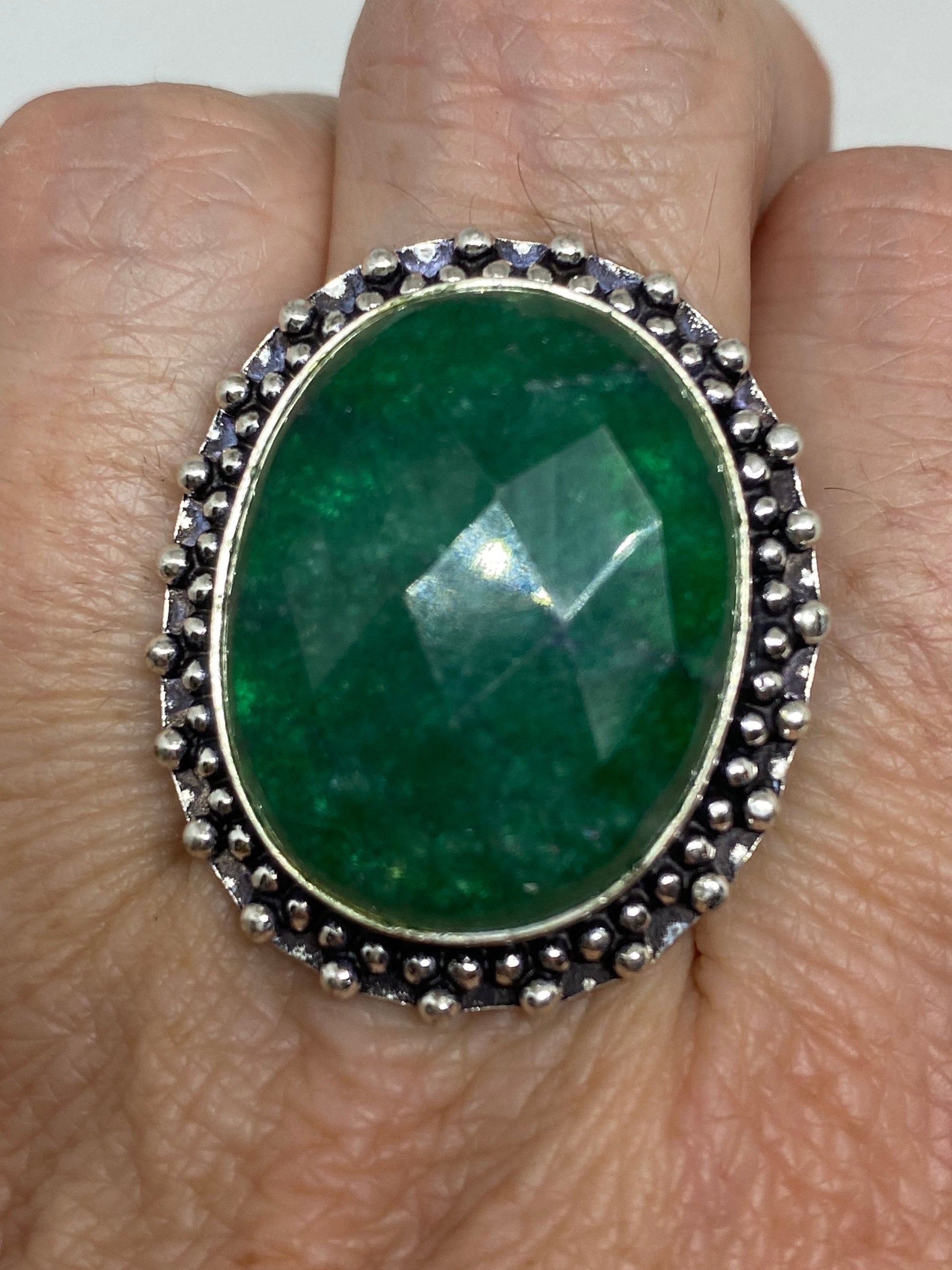 Vintage Green Raw Emerald Silver Bronze Statement Boho Ring