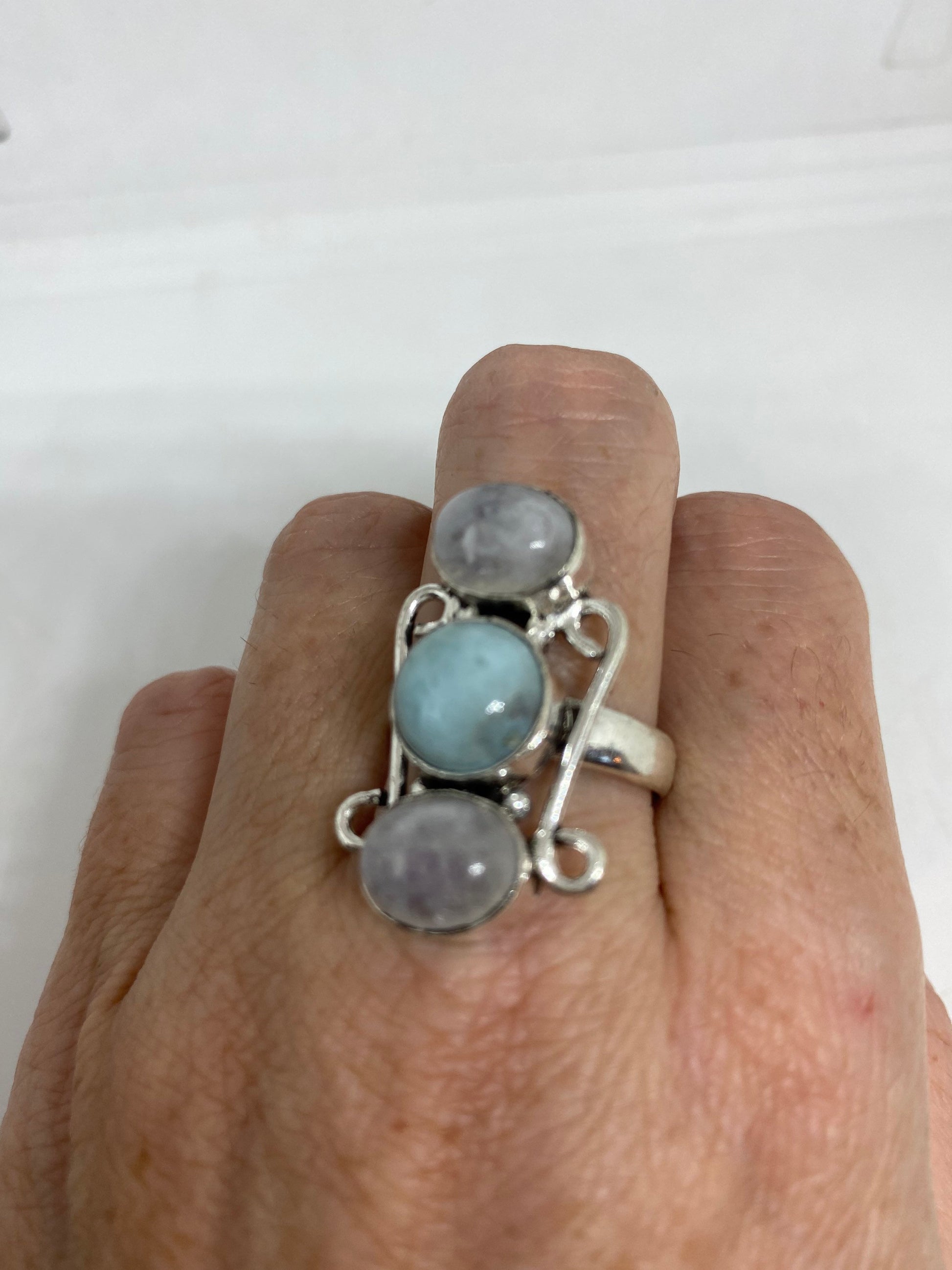 Vintage Blue Larimar White Rainbow Moonstone Stone Silver Ring
