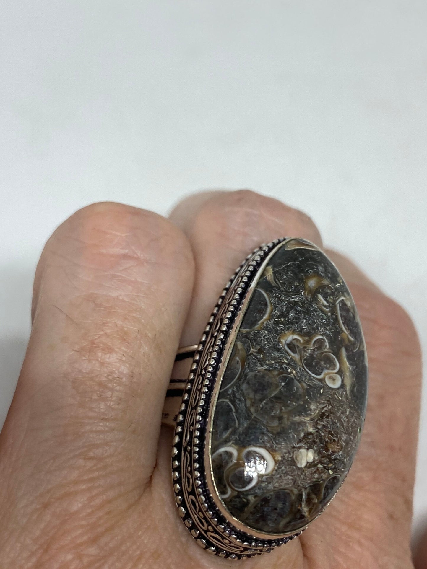 Vintage Brown Fossil agate Cocktail Ring