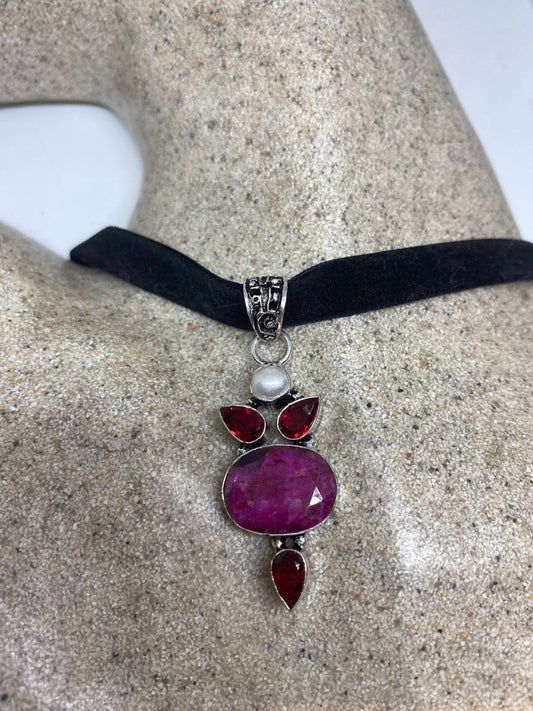 Vintage Pink Raw Ruby Choker Silver Pendant Necklace