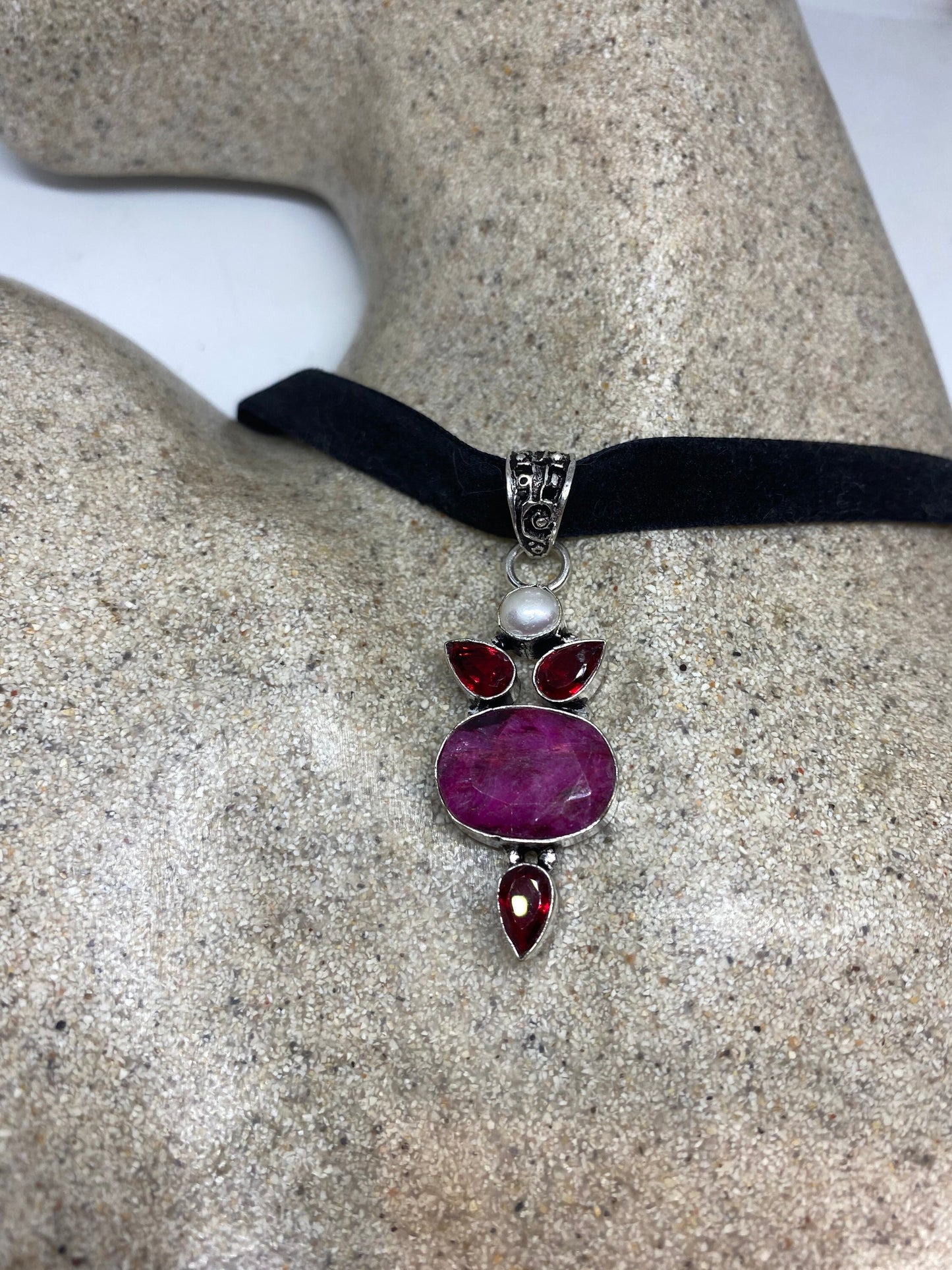 Vintage Pink Raw Ruby Choker Silver Pendant Necklace