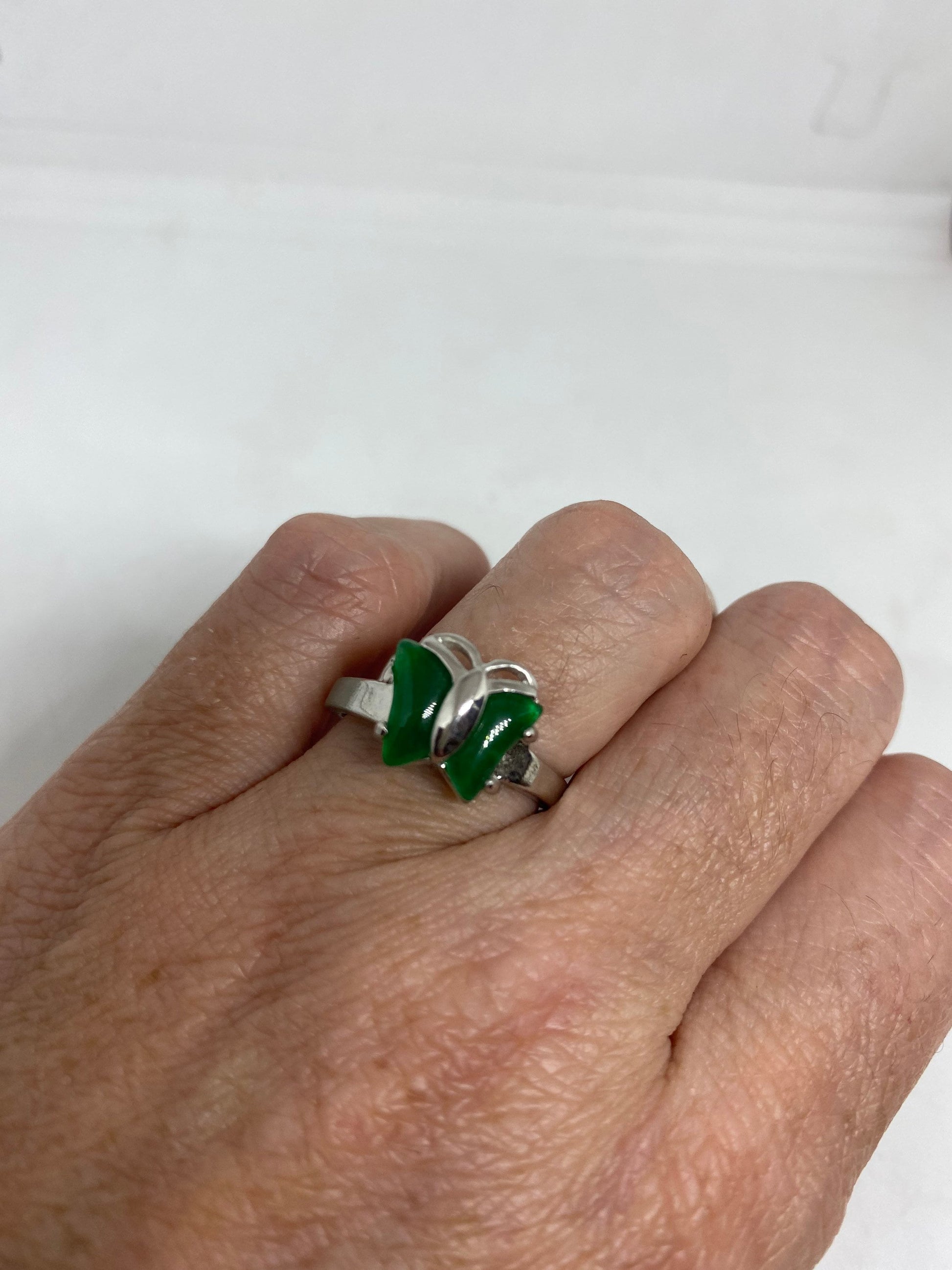 Vintage Lucky Green Nephrite Jade Butterfly Ring