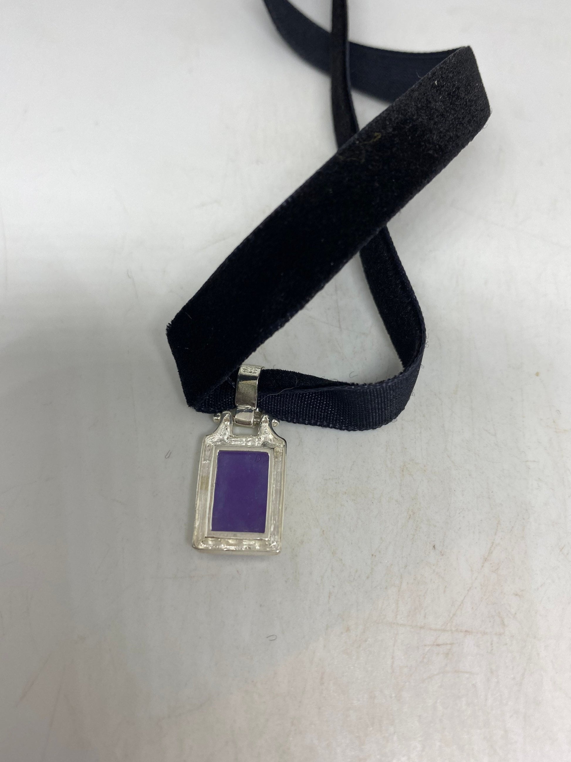 Vintage Purple Jade Choker 925 Sterling Silver Pendant Necklace