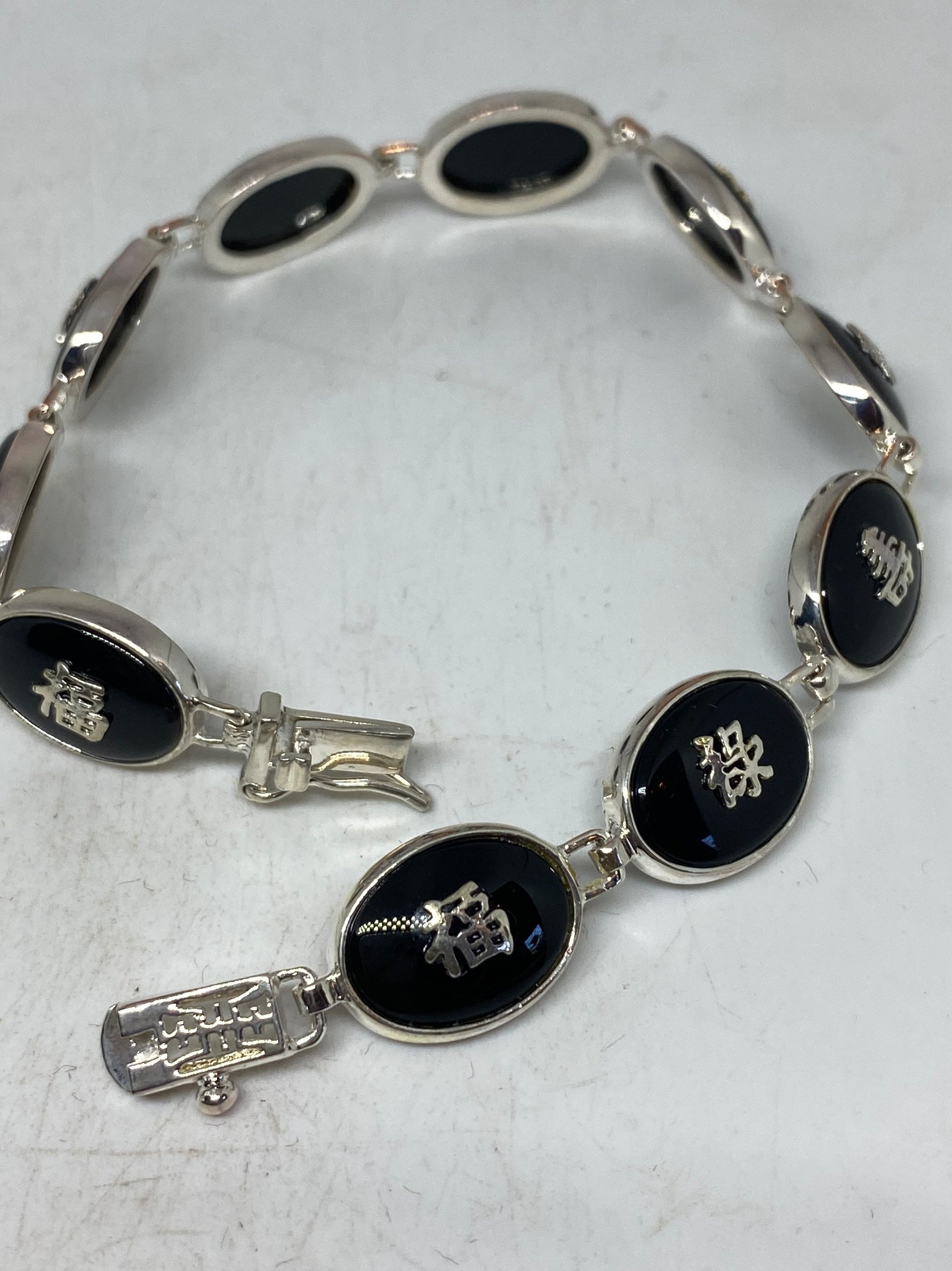 Vintage 925 Sterling Silver Onyx Chinese Lucky Bracelet