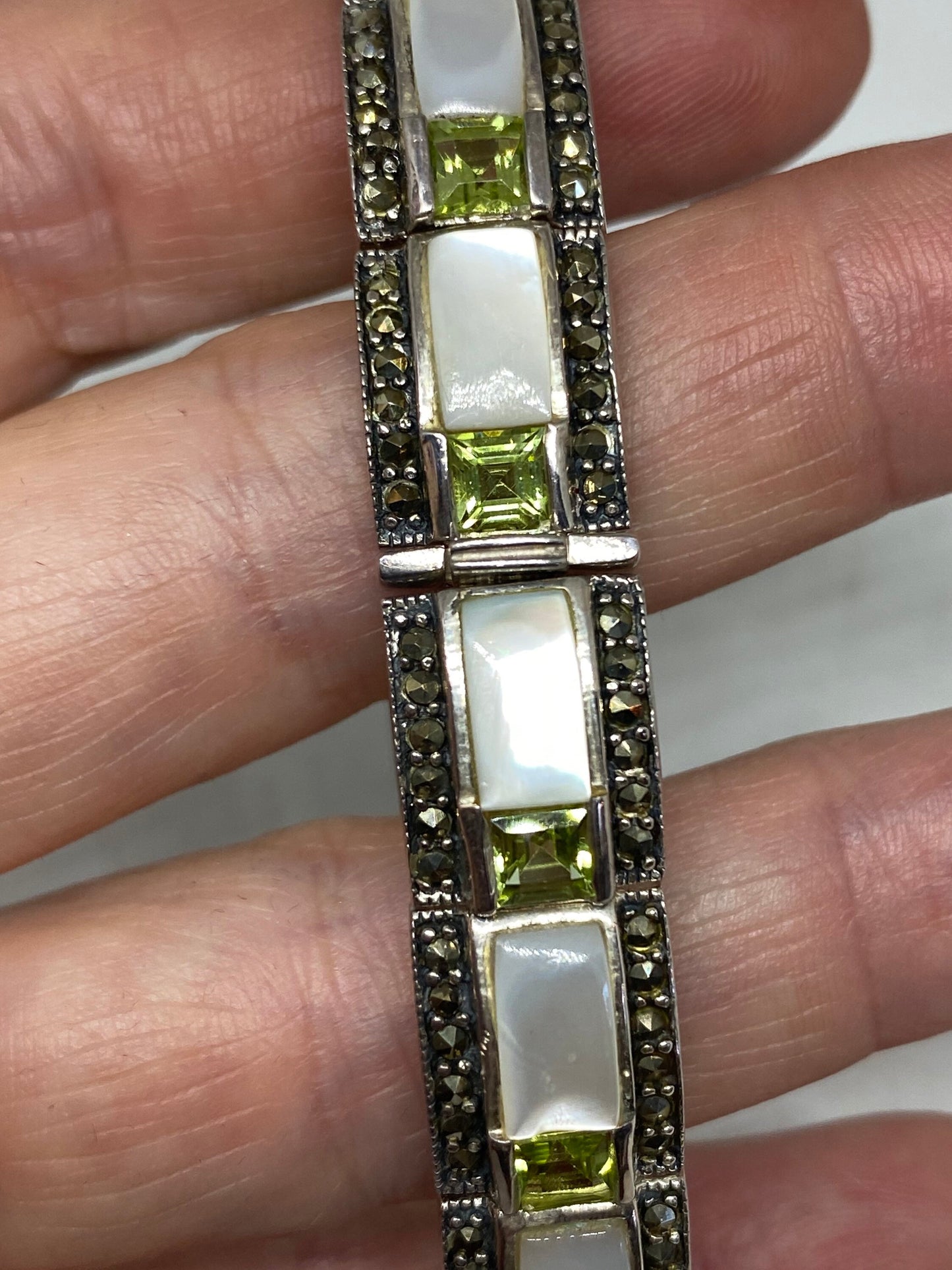 Vintage Marcasite Bracelet 925 Sterling Silver Mother of Pearl Peridot