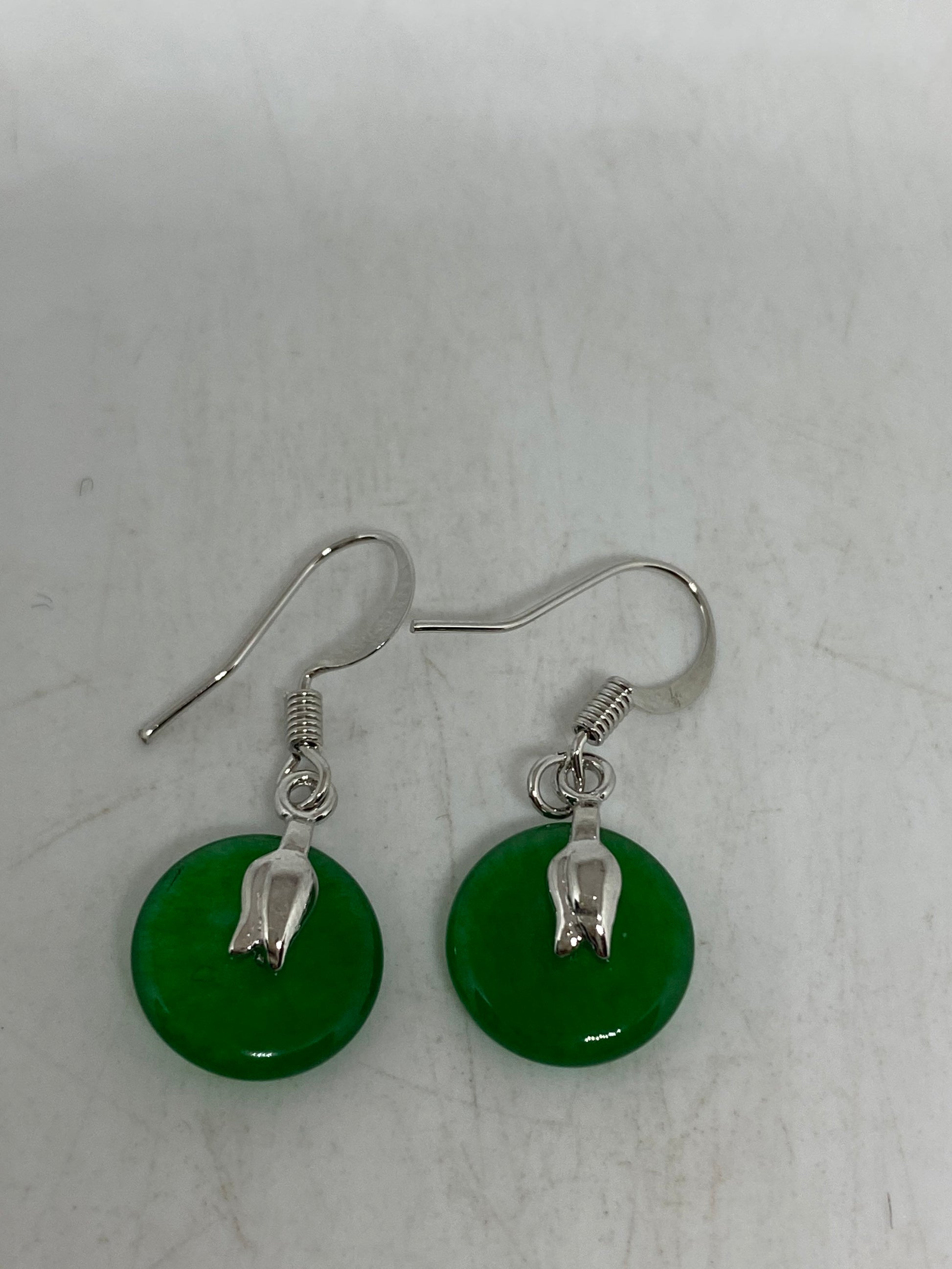 Vintage Fun Green Jade Gemstone Rhodium Bronze Earrings