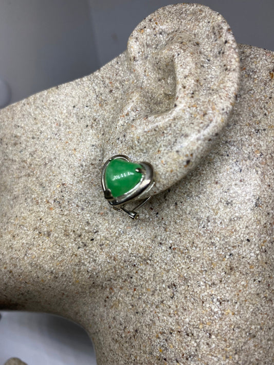 Vintage Green Jade Gemstone Sterling Silver Heart Earrings