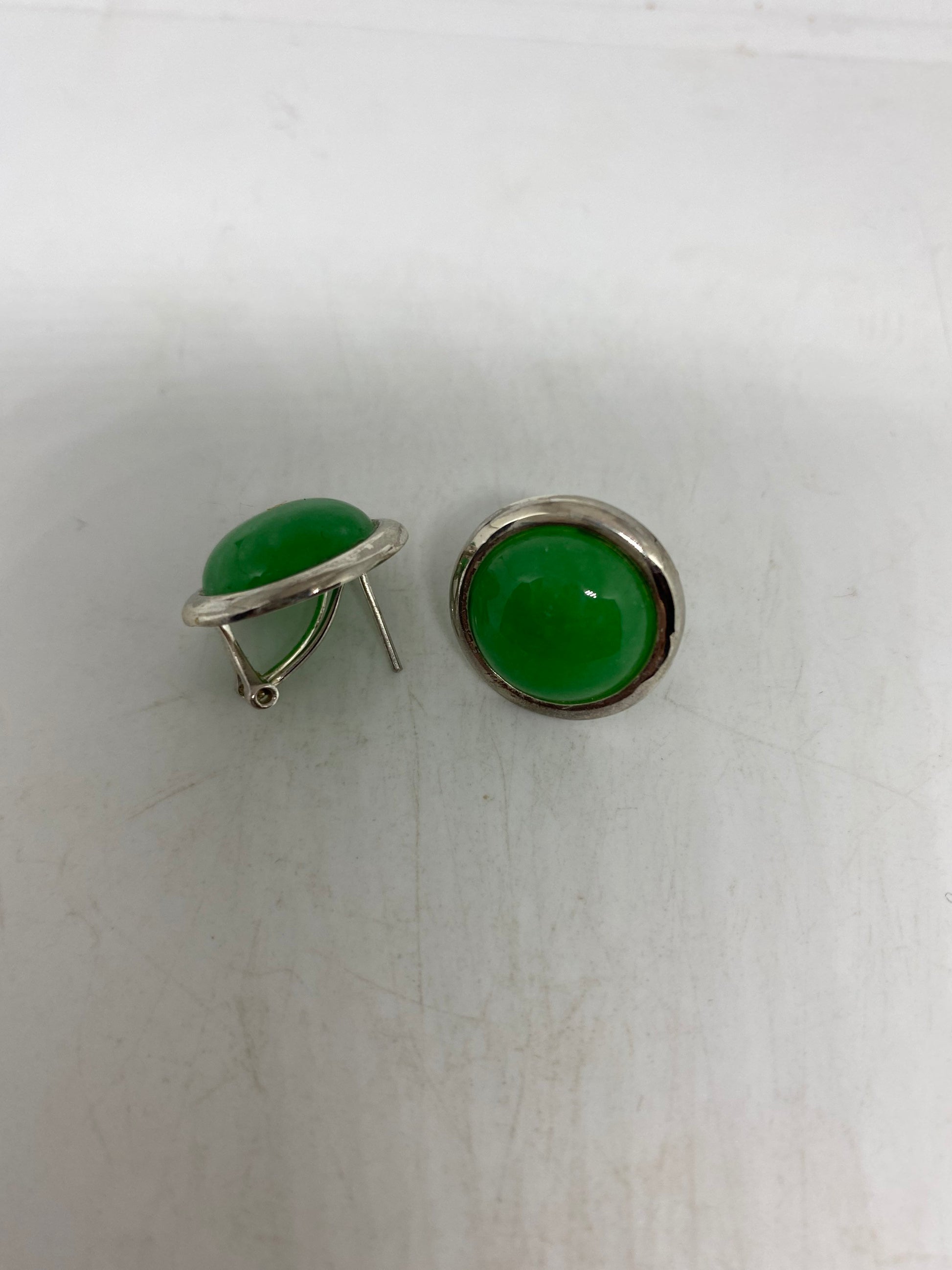 Vintage Green Jade Gemstone Sterling Silver Heart Earrings