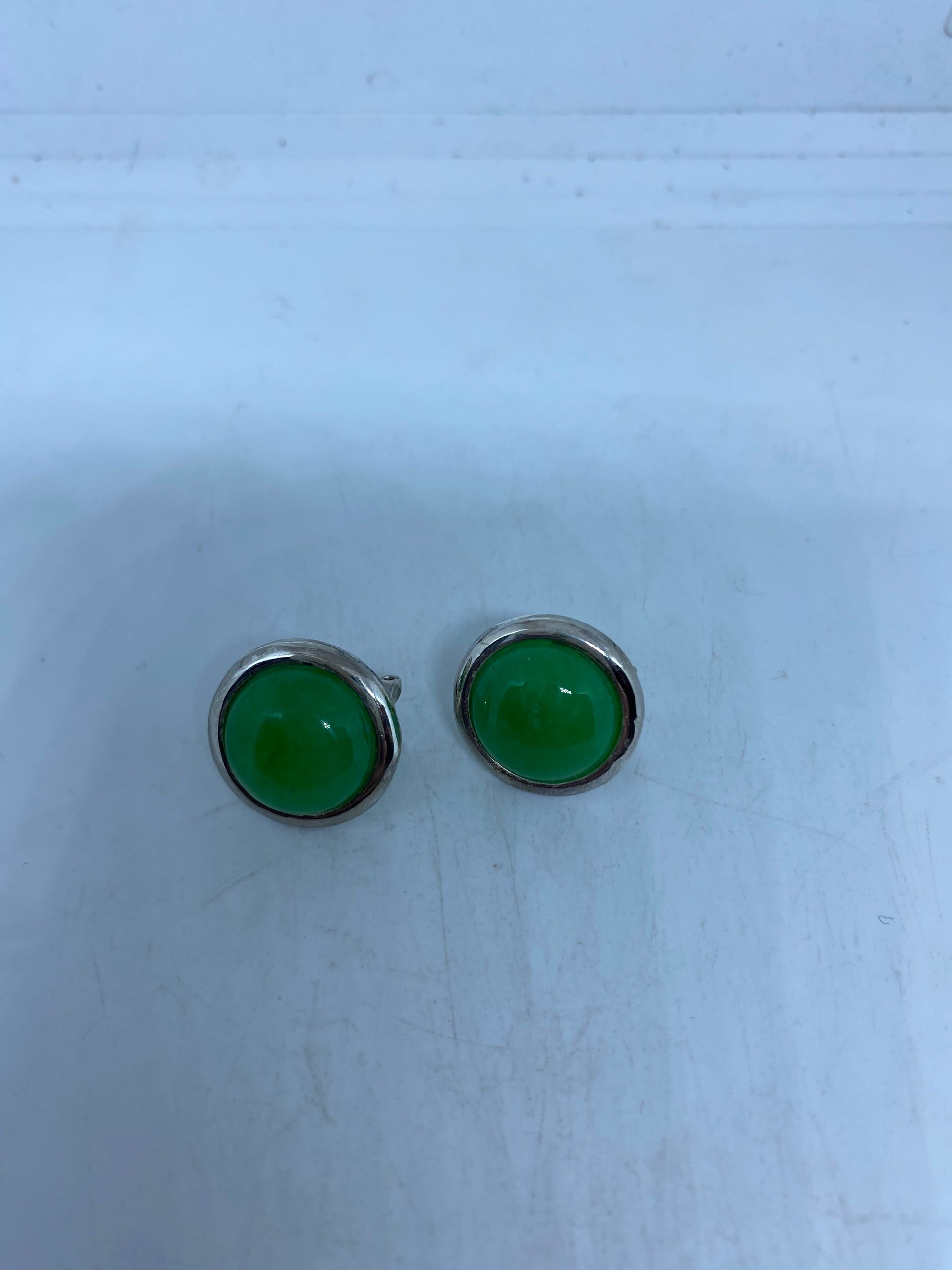 Vintage Green Jade Gemstone Sterling Silver Heart Earrings