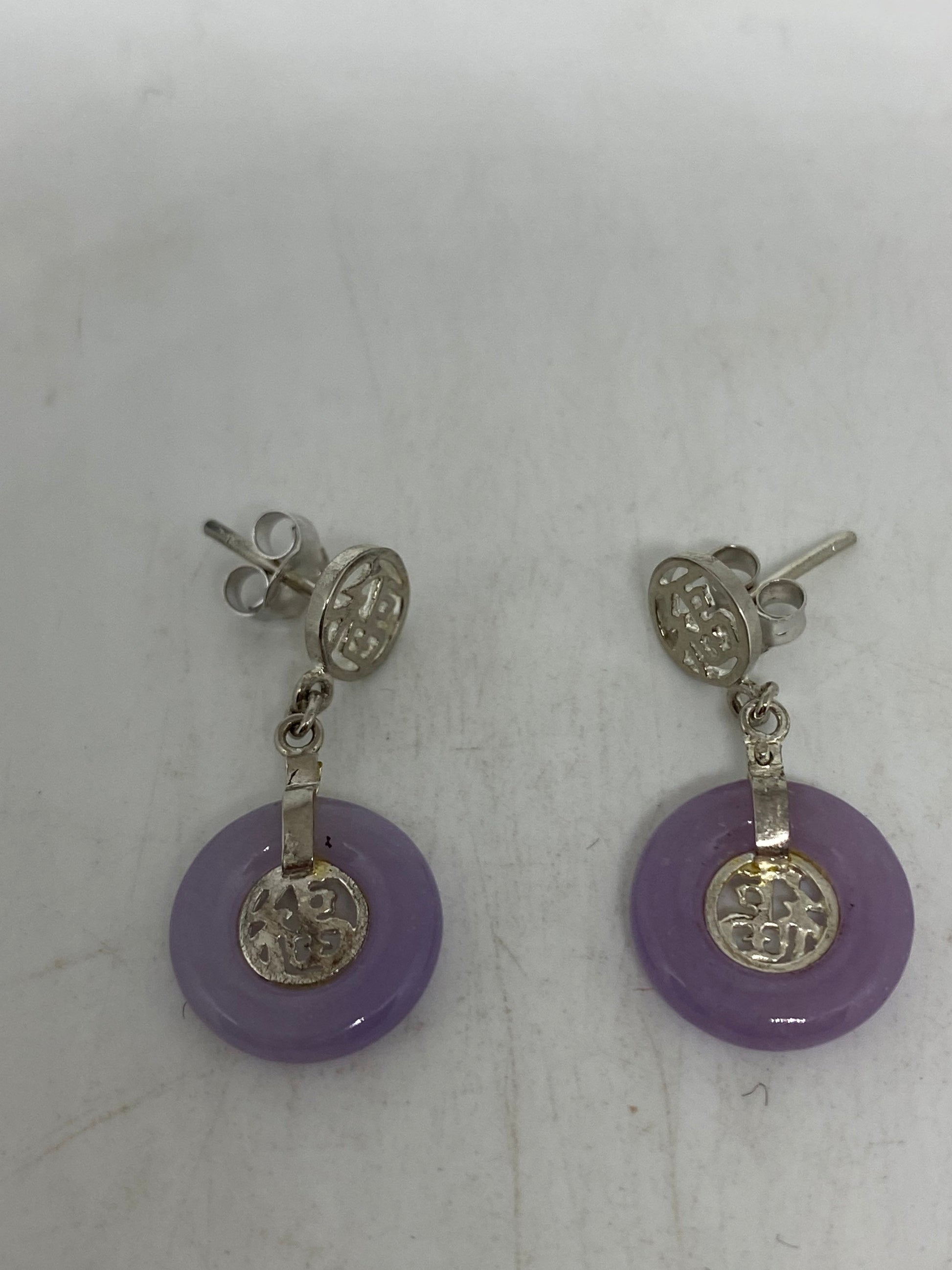 Vintage Genuine Purple Jade Gemstone Silver Earrings