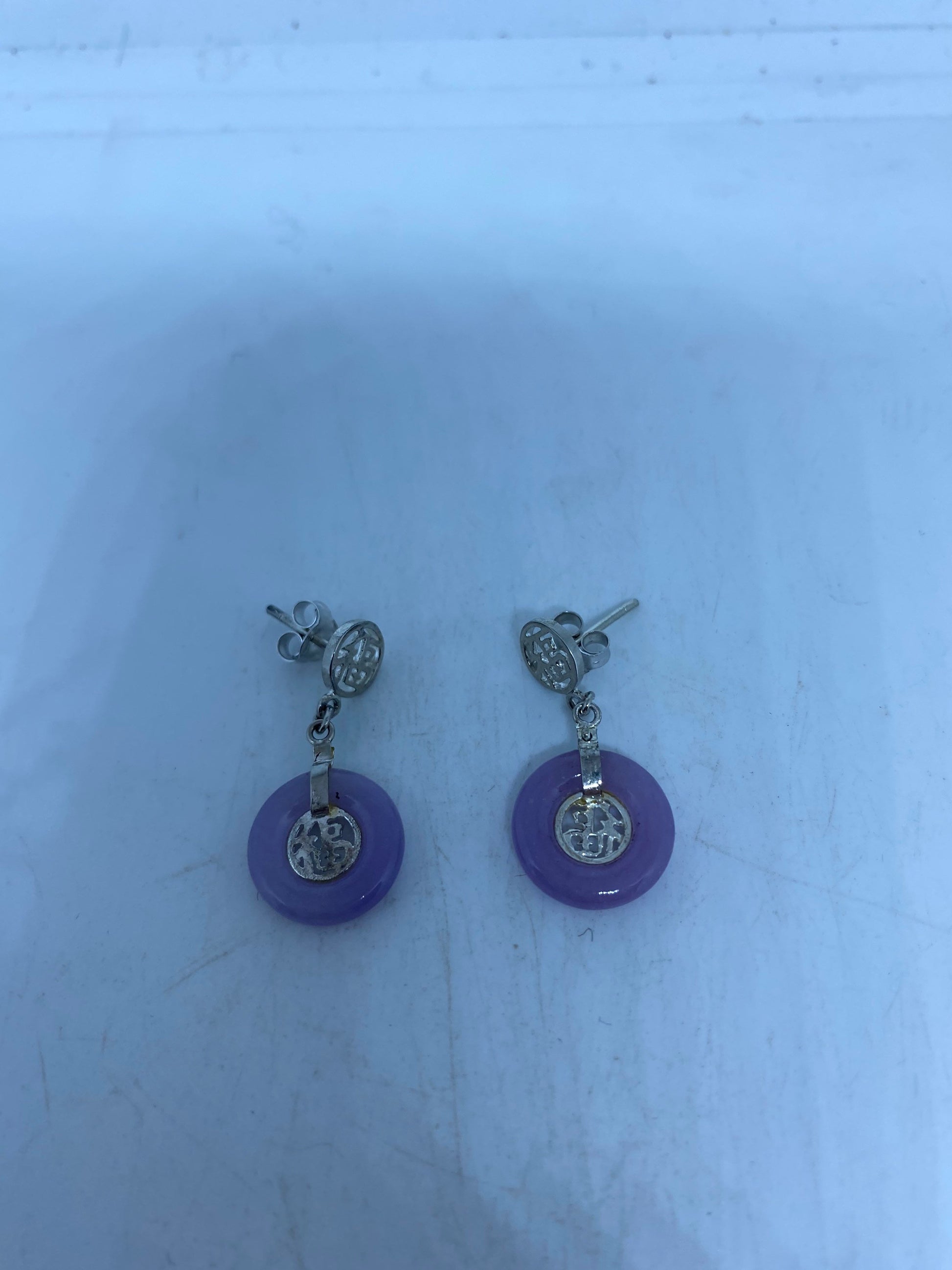 Vintage Genuine Purple Jade Gemstone Silver Earrings