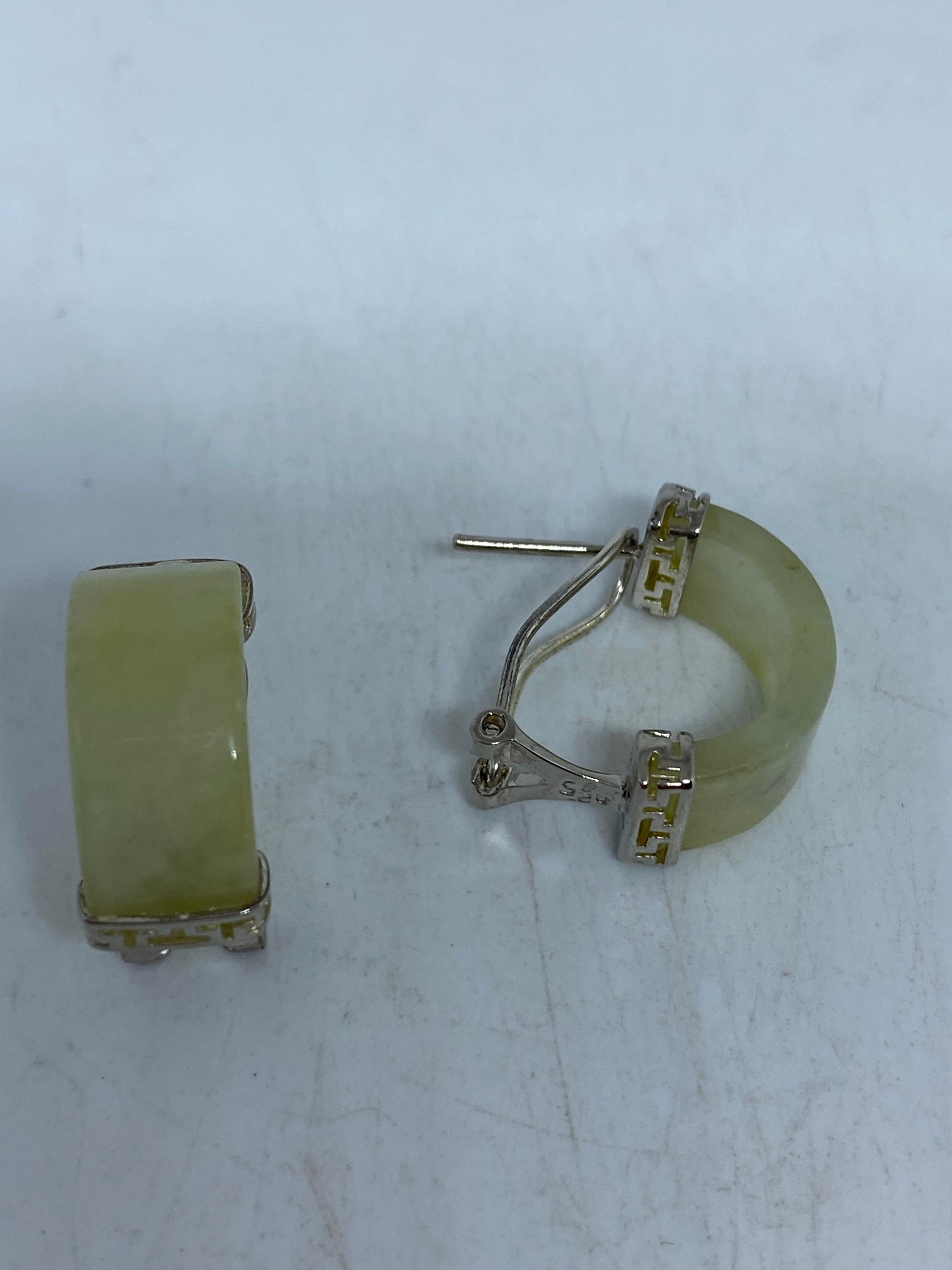 Vintage Genuine Yellow Jade Gemstone Silver Earrings