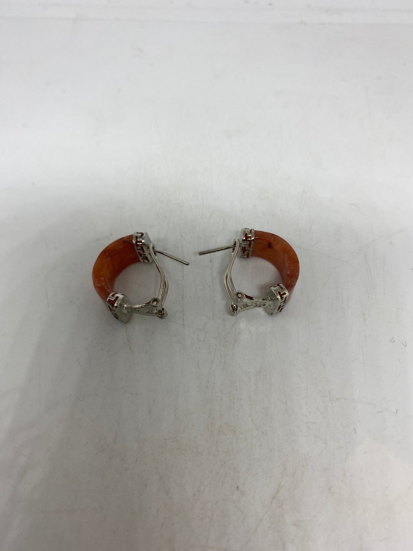Vintage Genuine Orange Jade Gemstone Silver Earrings