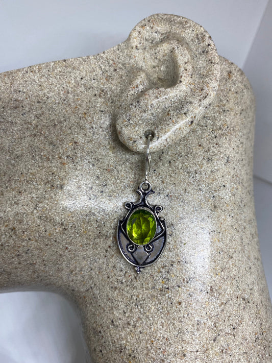 Antique Vintage Green Peridot Silver Dangle Earrings