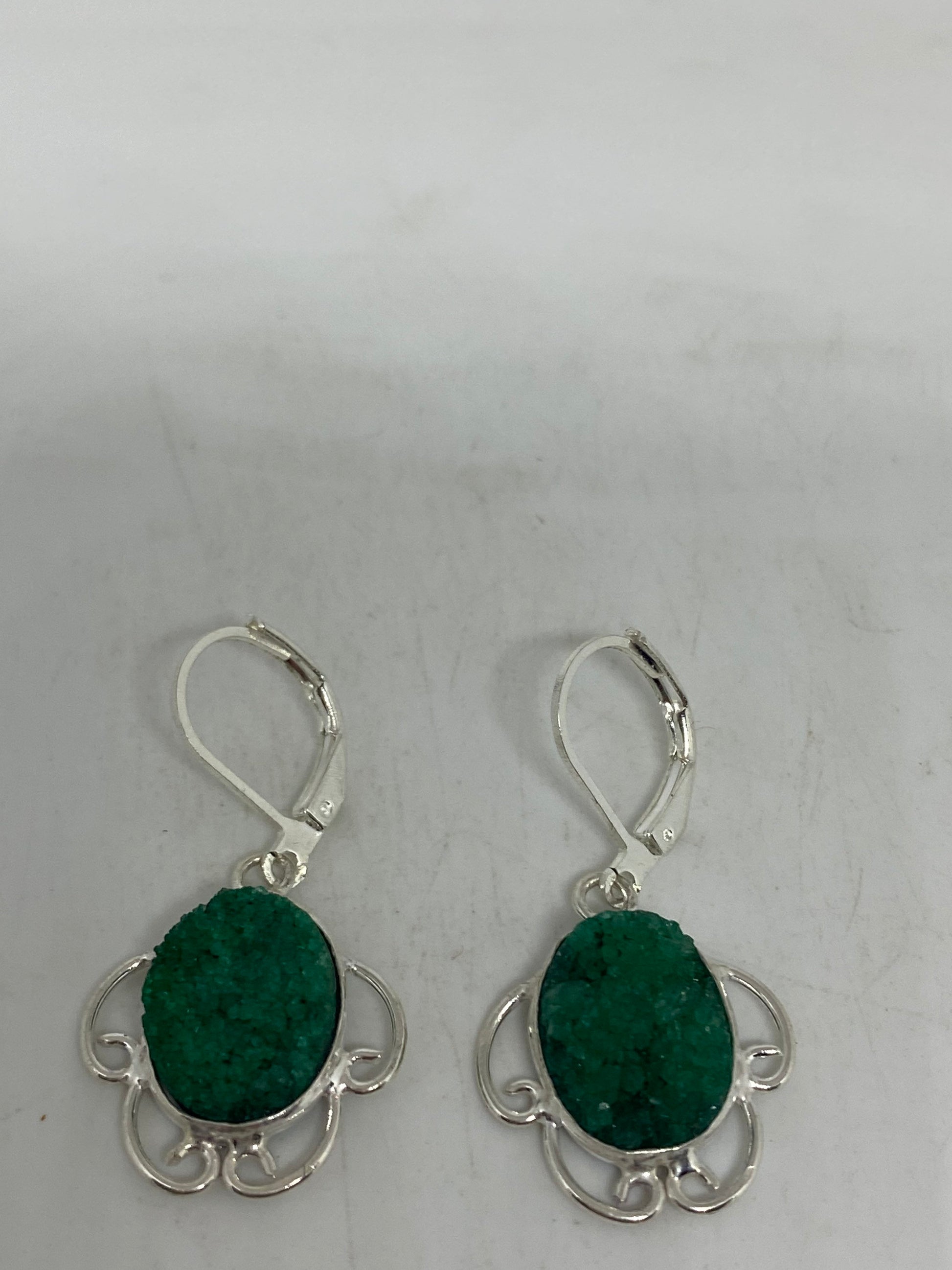 Vintage 925 Sterling Silver Chrome Diopside Druzy Chandelier Earrings