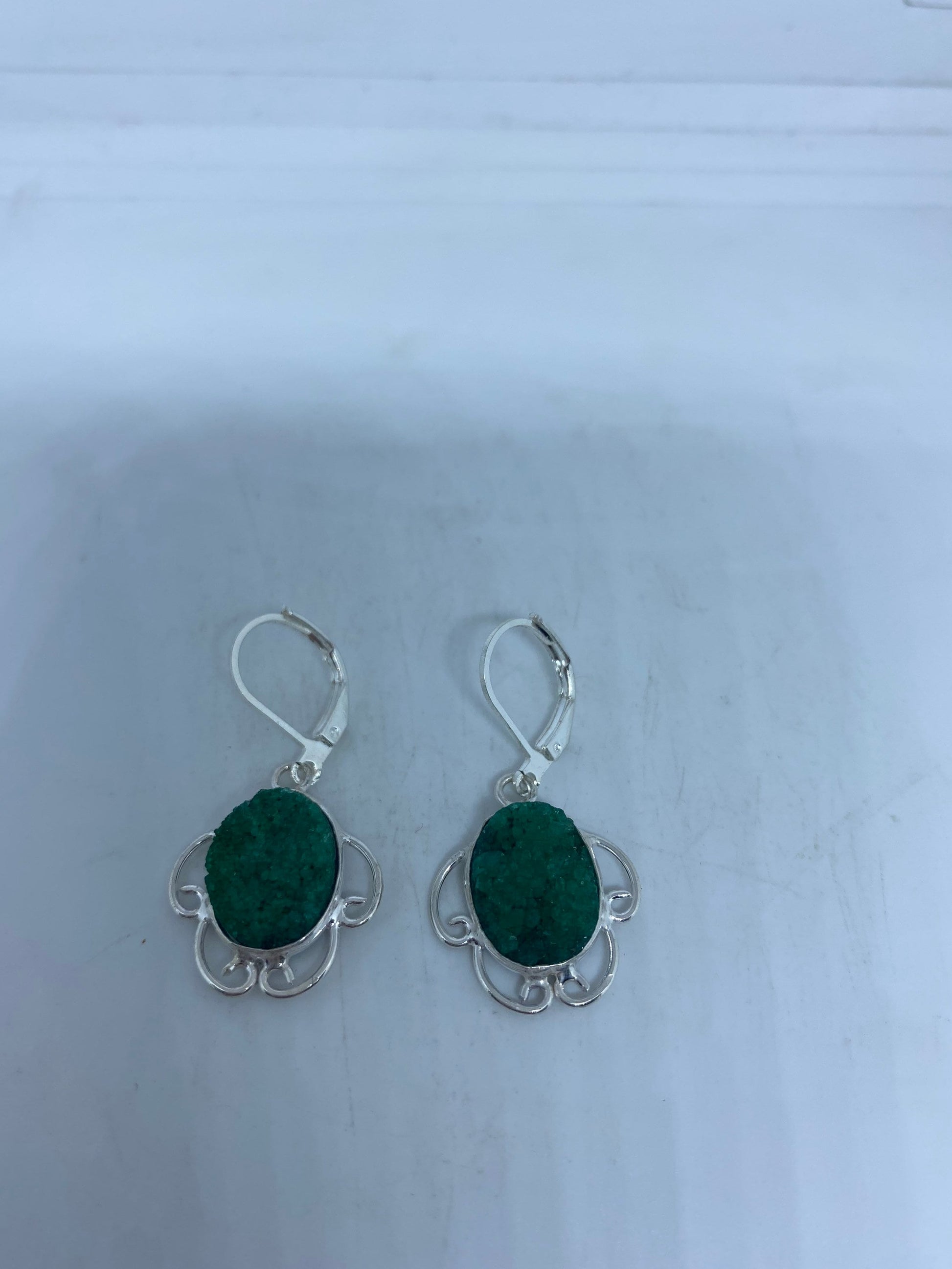 Vintage 925 Sterling Silver Chrome Diopside Druzy Chandelier Earrings