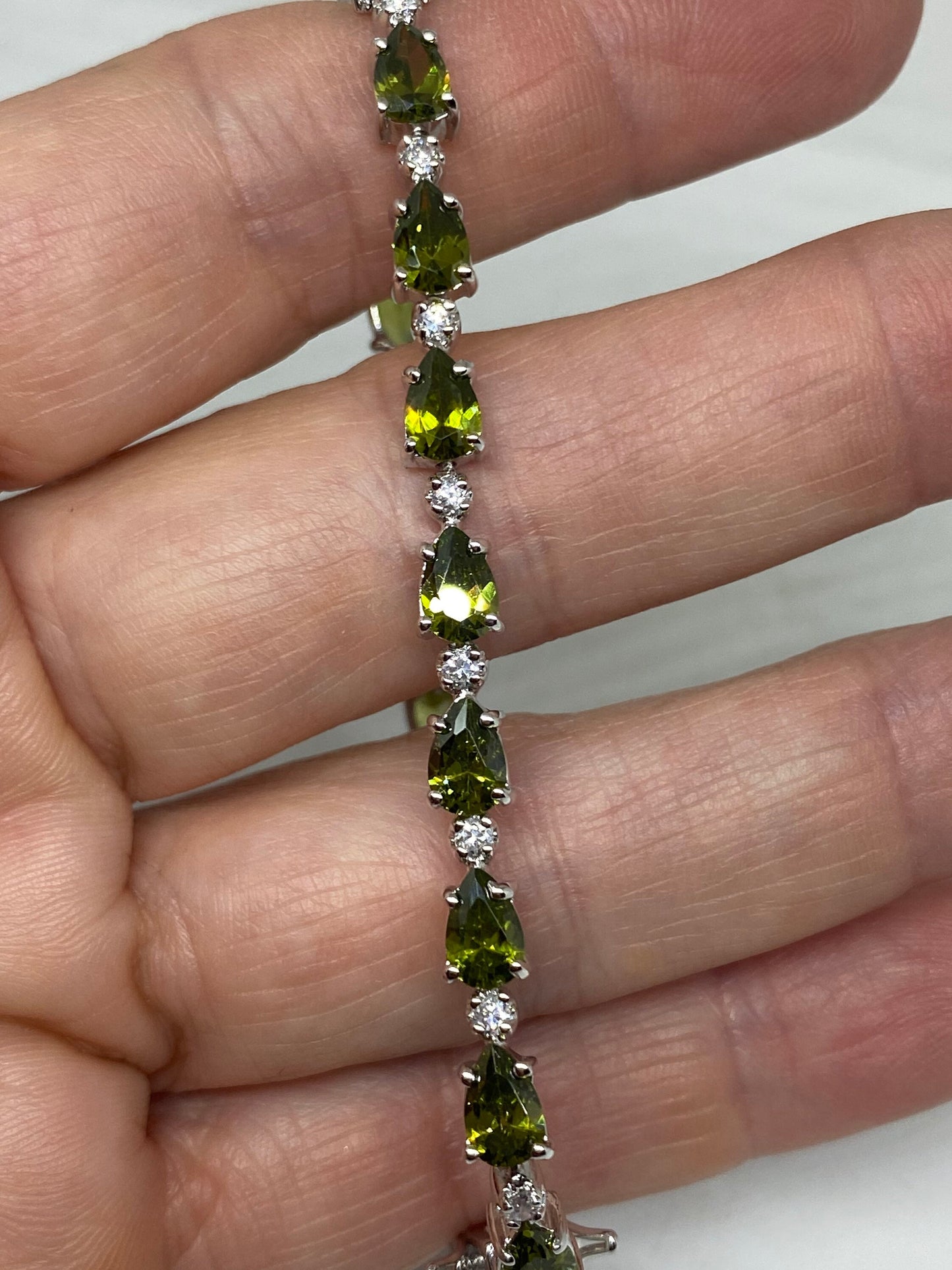 Vintage Peridot and Cubic Zirconia 925 Sterling Silver Tennis Bracelet