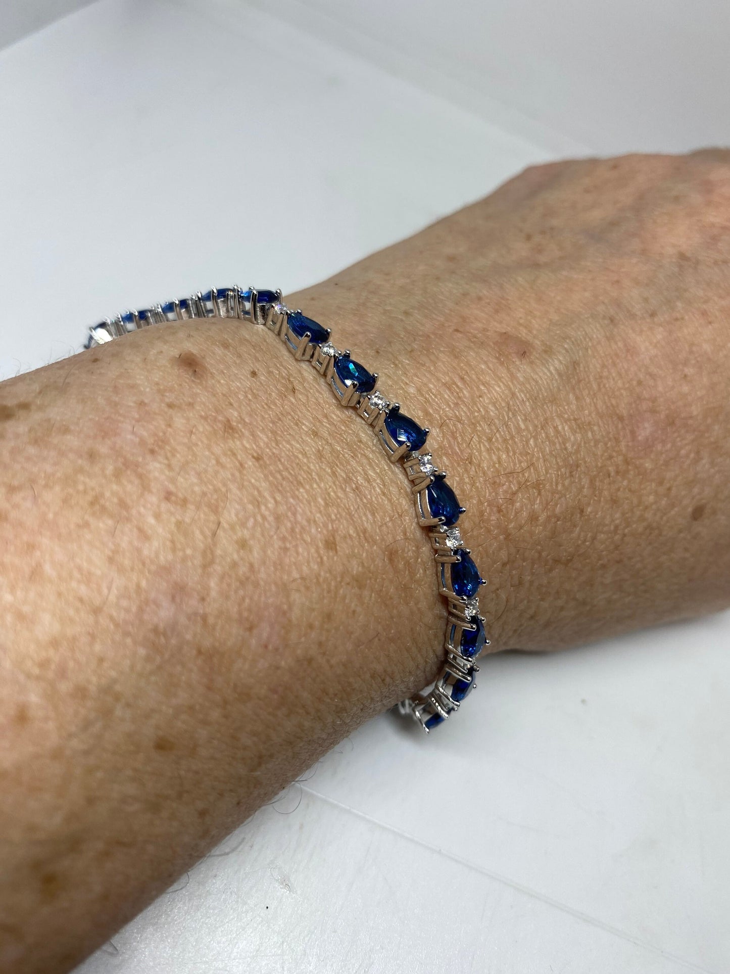 Vintage Blue Crystal Cubic Zirconia Bracelet Sterling Silver Tennis