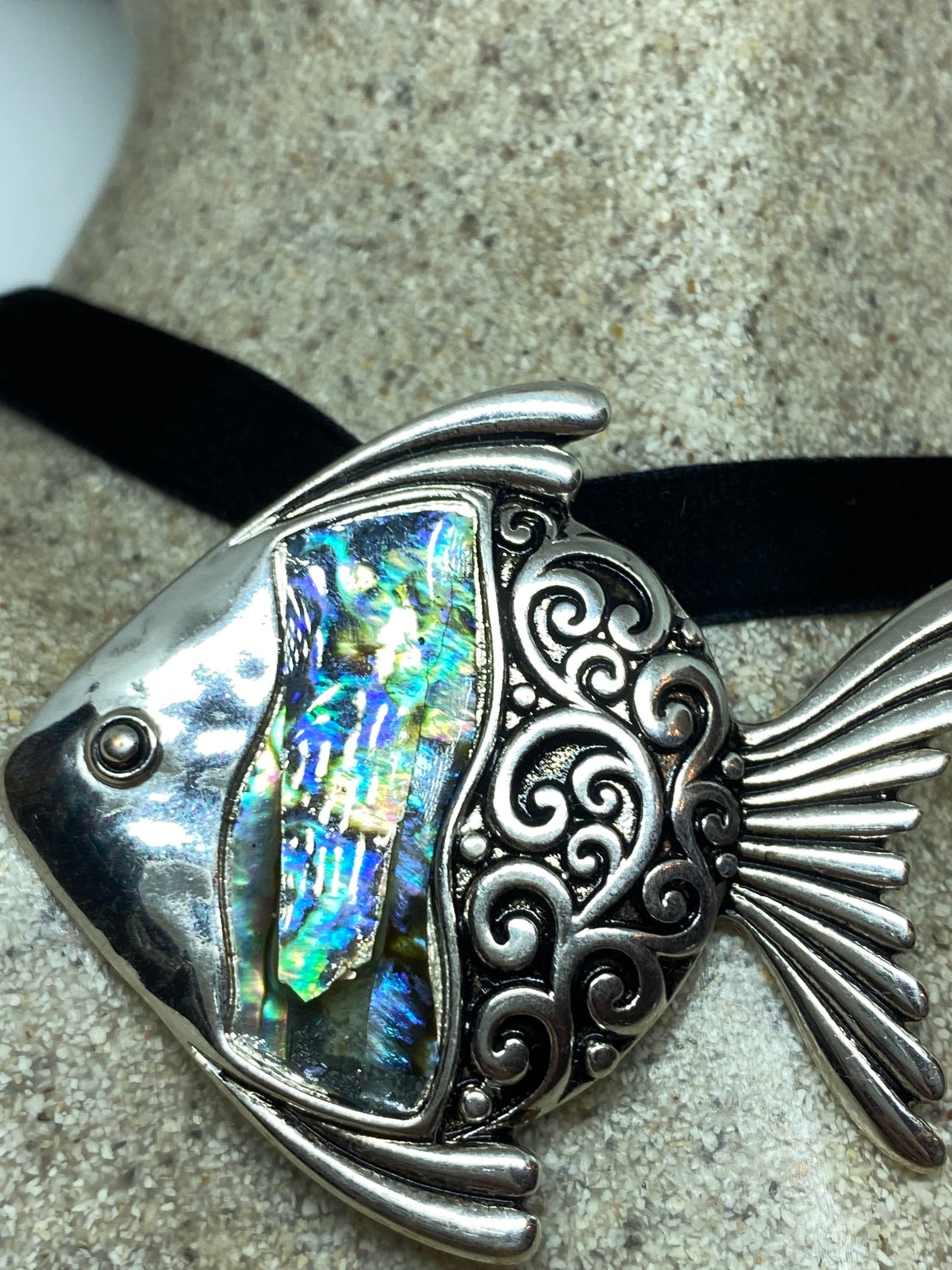 Blue Handmade Gothic Styled Silver Finished Genuine Abalone Angel Fish Choker Necklace