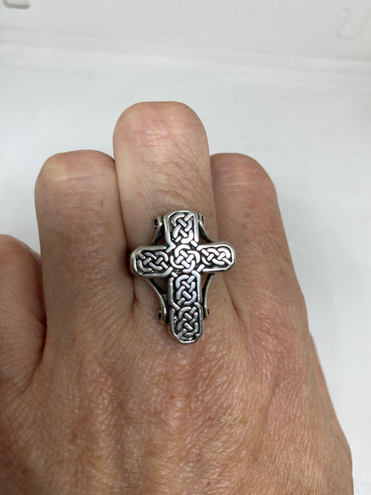 Vintage Gothic Celtic Cross Mens Ring Silver White Bronze