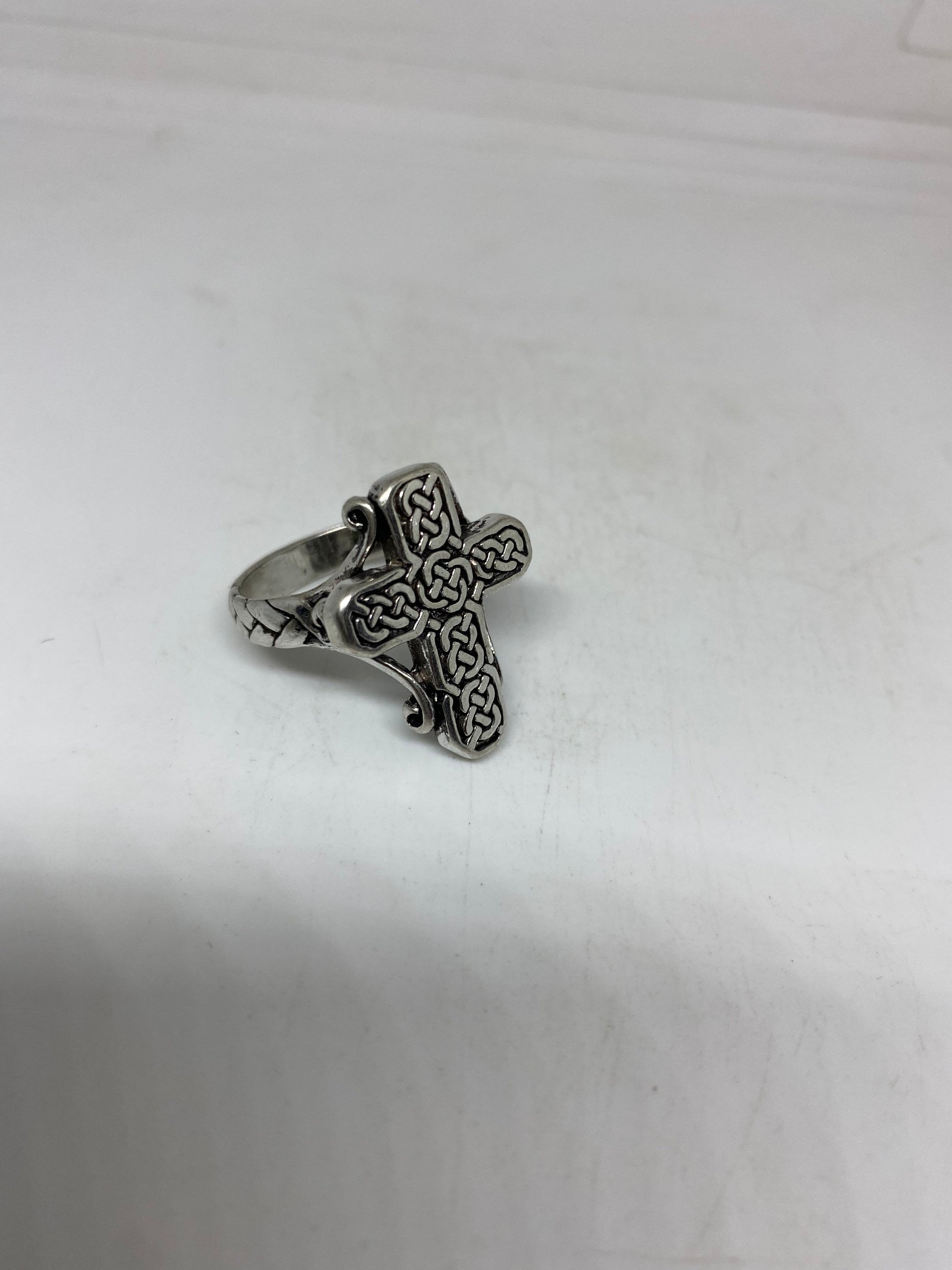 Vintage Gothic Celtic Cross Mens Ring Silver White Bronze