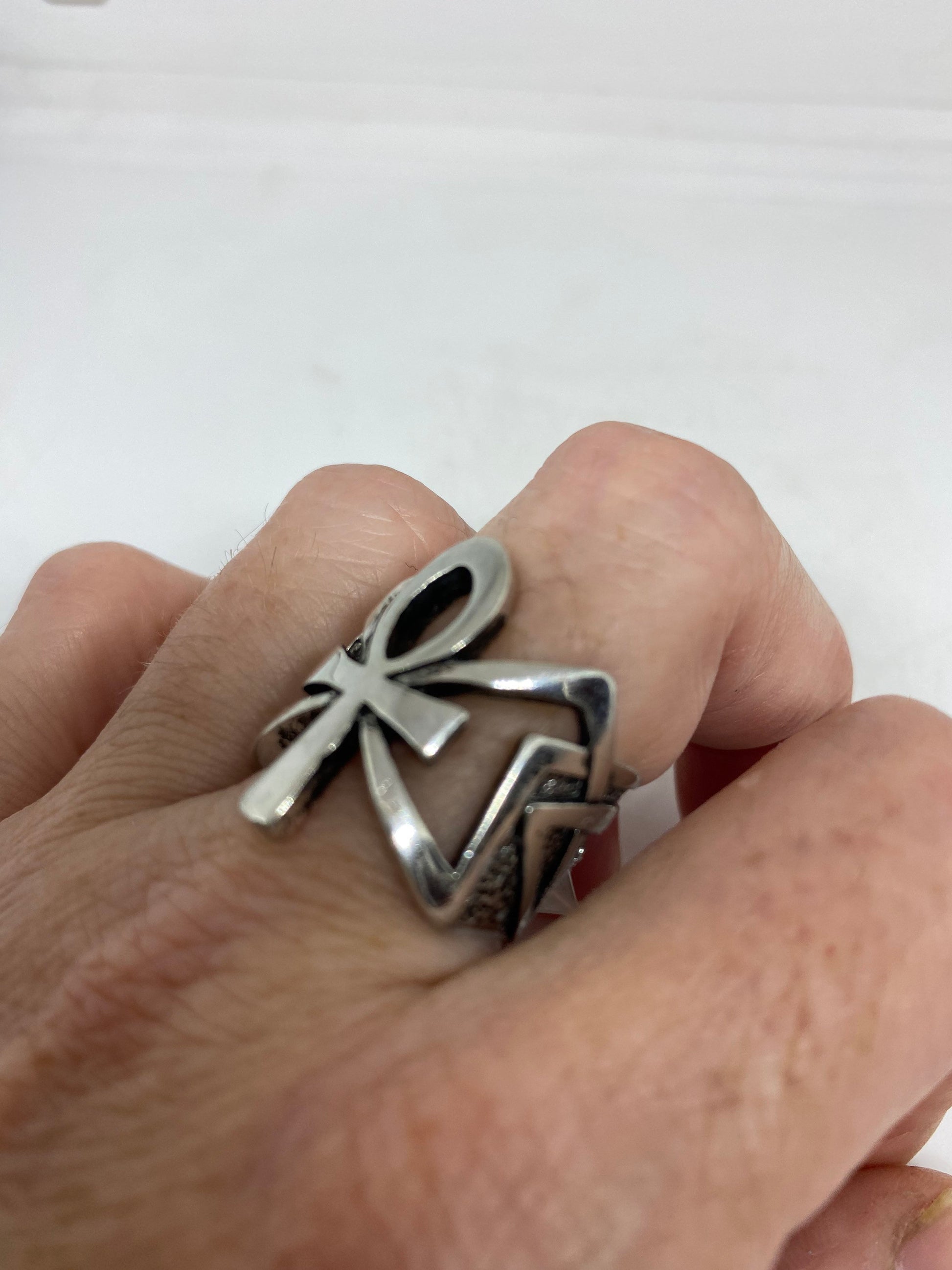 Vintage Silver White Bronze Gothic Egyptian Ankh Men Ring