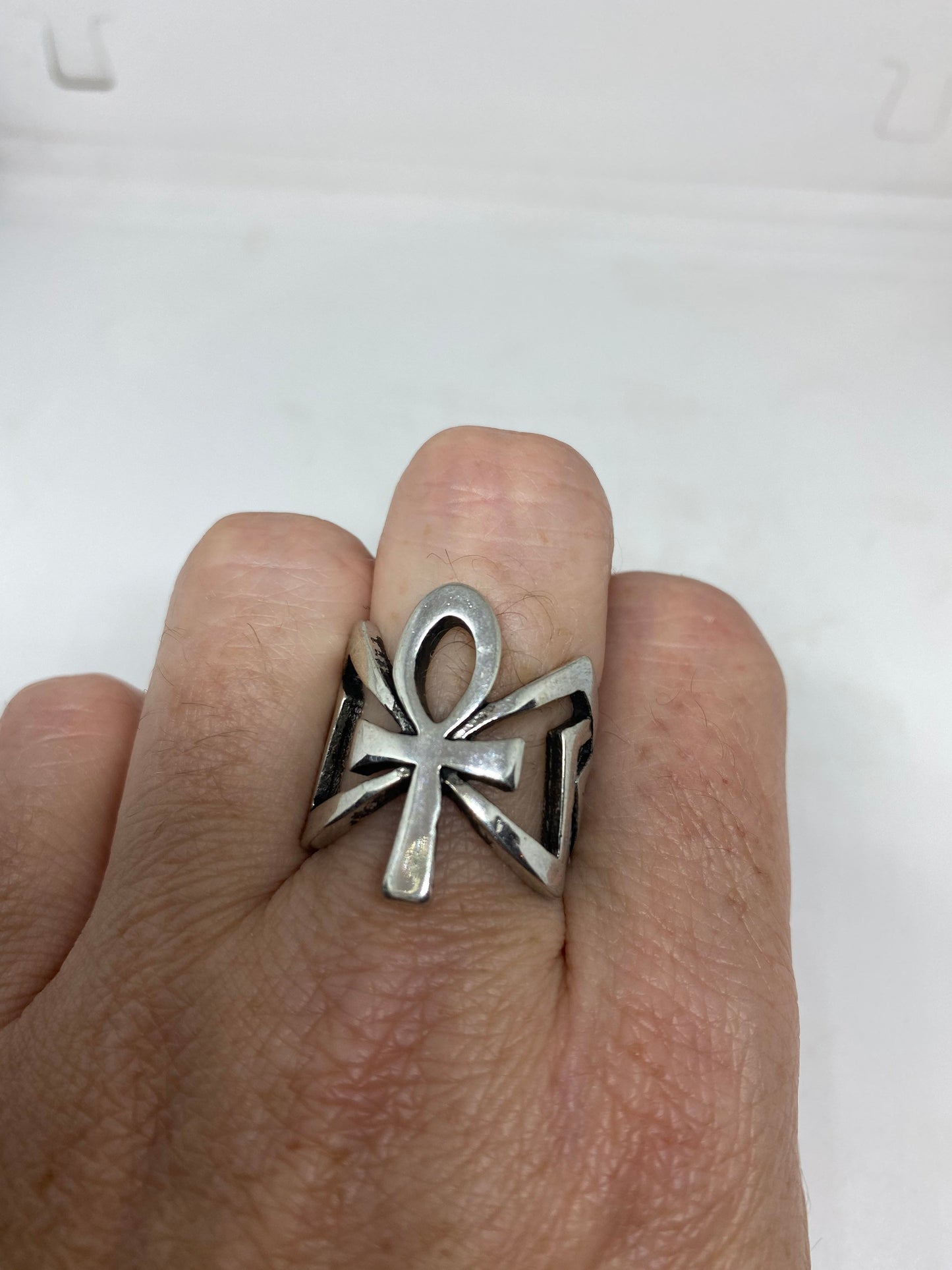 Vintage Silver White Bronze Gothic Egyptian Ankh Men Ring