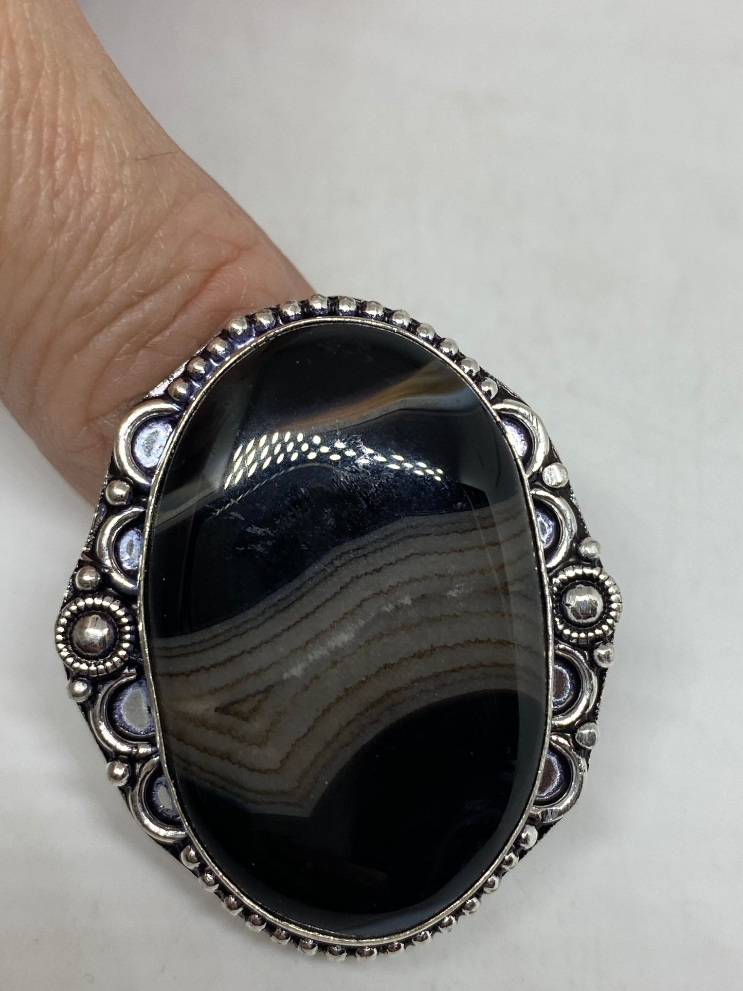 Vintage Black and White Banded Agate White Bronze Silver Cocktail Ring