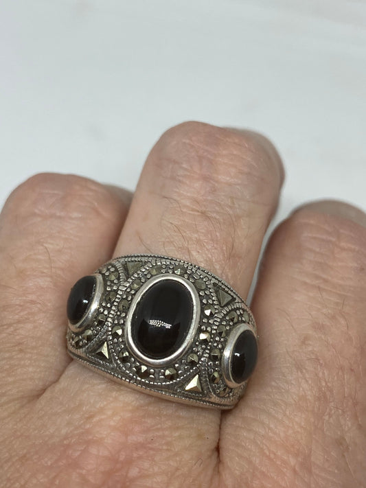 Vintage Marcasite Ring Black Onyx 925 Sterling Silver Cocktail Statement