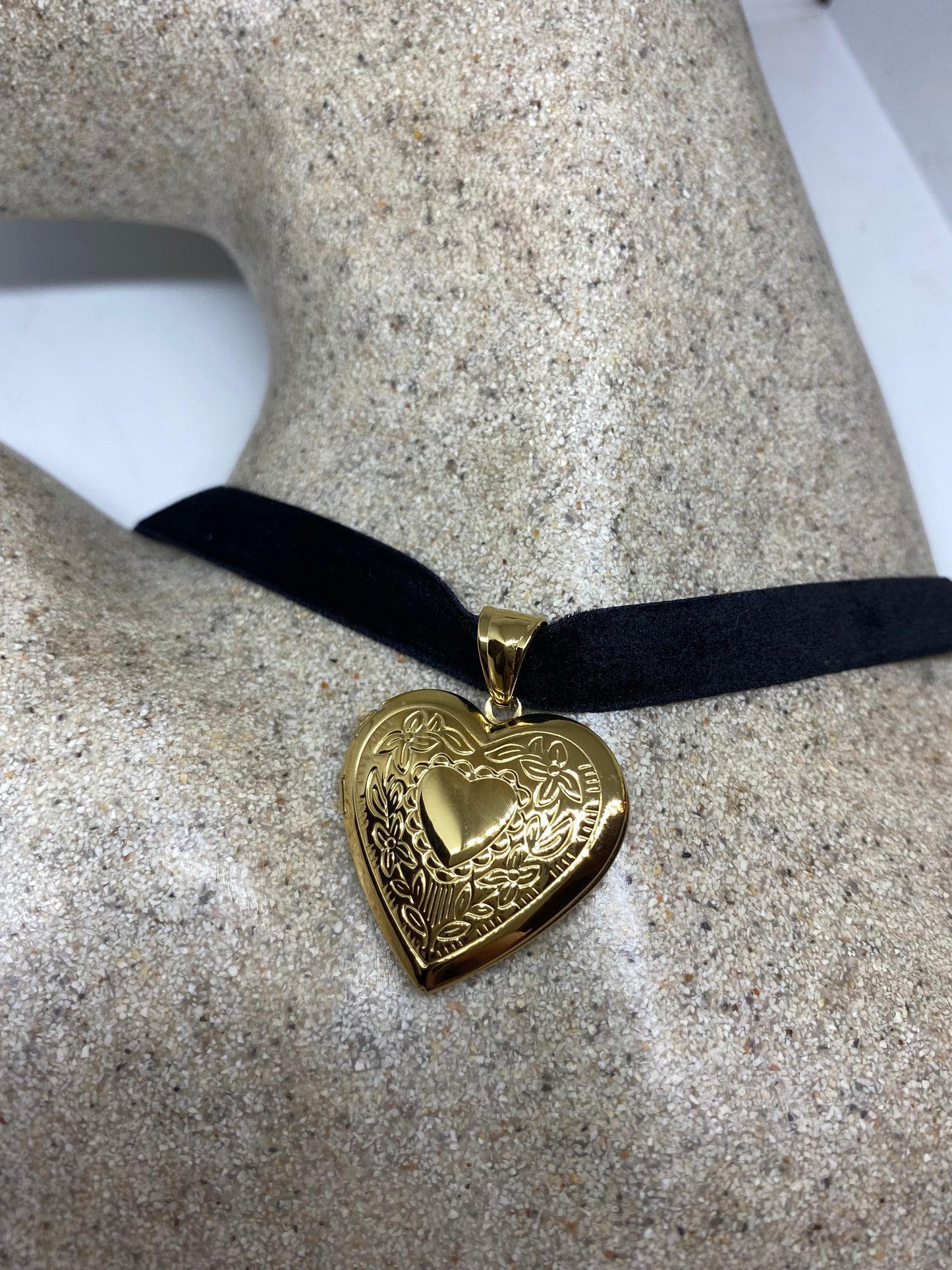 Vintage Gold Locket | Tiny Heart Photo Charm Golden Stainless Steel Deco Etched Choker Necklace